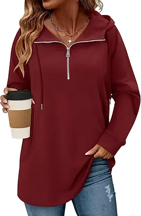 onlypuff Women Hoodie Pullover Trendy Quarter Zipper Lapel Sweatshirts Drawstring Cute Hooded Tunic Tops with Side Pockets
