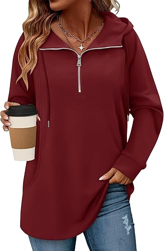 onlypuff Women Hoodie Pullover Trendy Quarter Zipper Lapel Sweatshirts Drawstring Cute Hooded Tunic Tops with Side Pockets