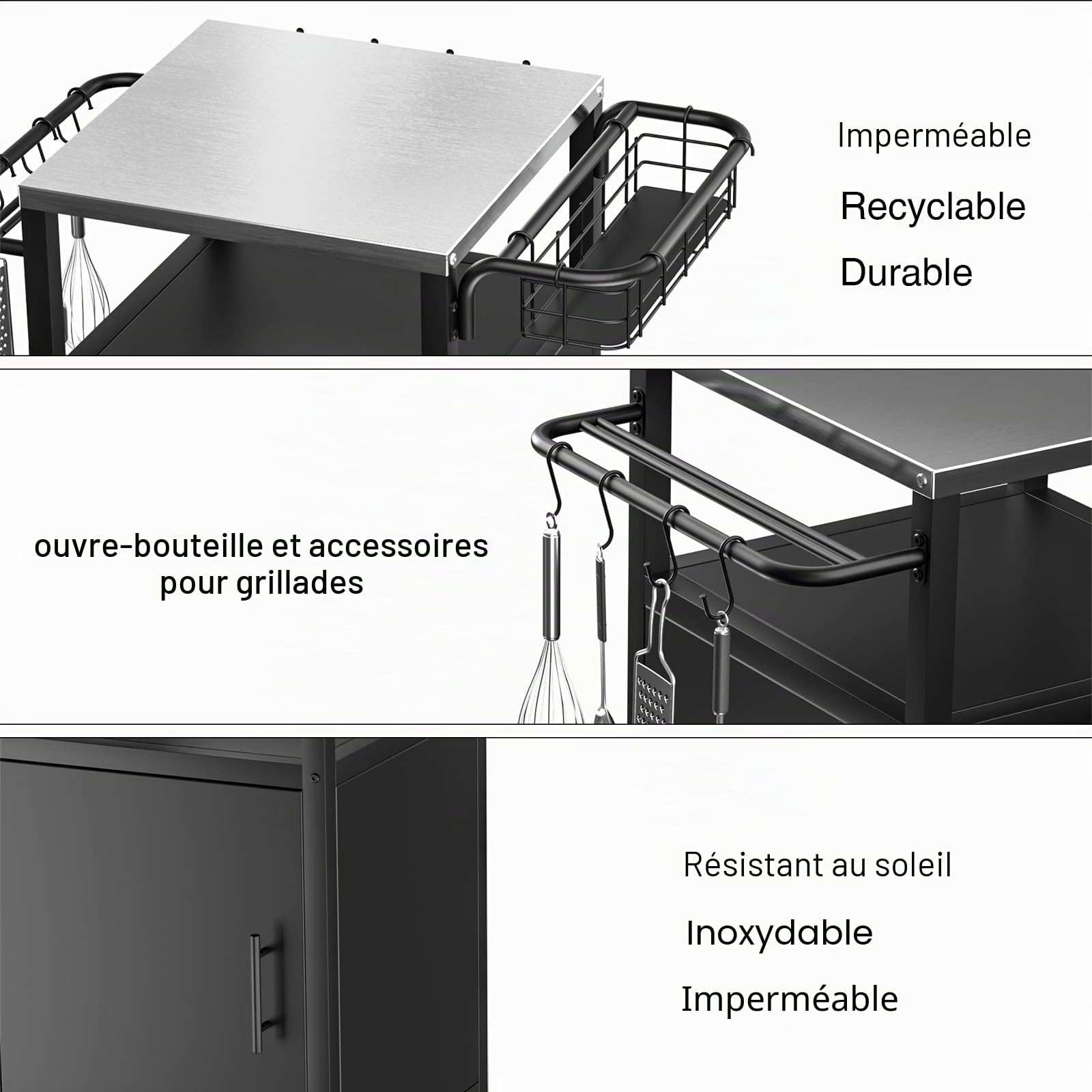 Chariot de Barbecue, Table de Barbecue, Table d'appoint avec 2 roulettes, résistant aux intempéries, Multifonction, en Acier Inoxydable, pour Barbecue et Jardin