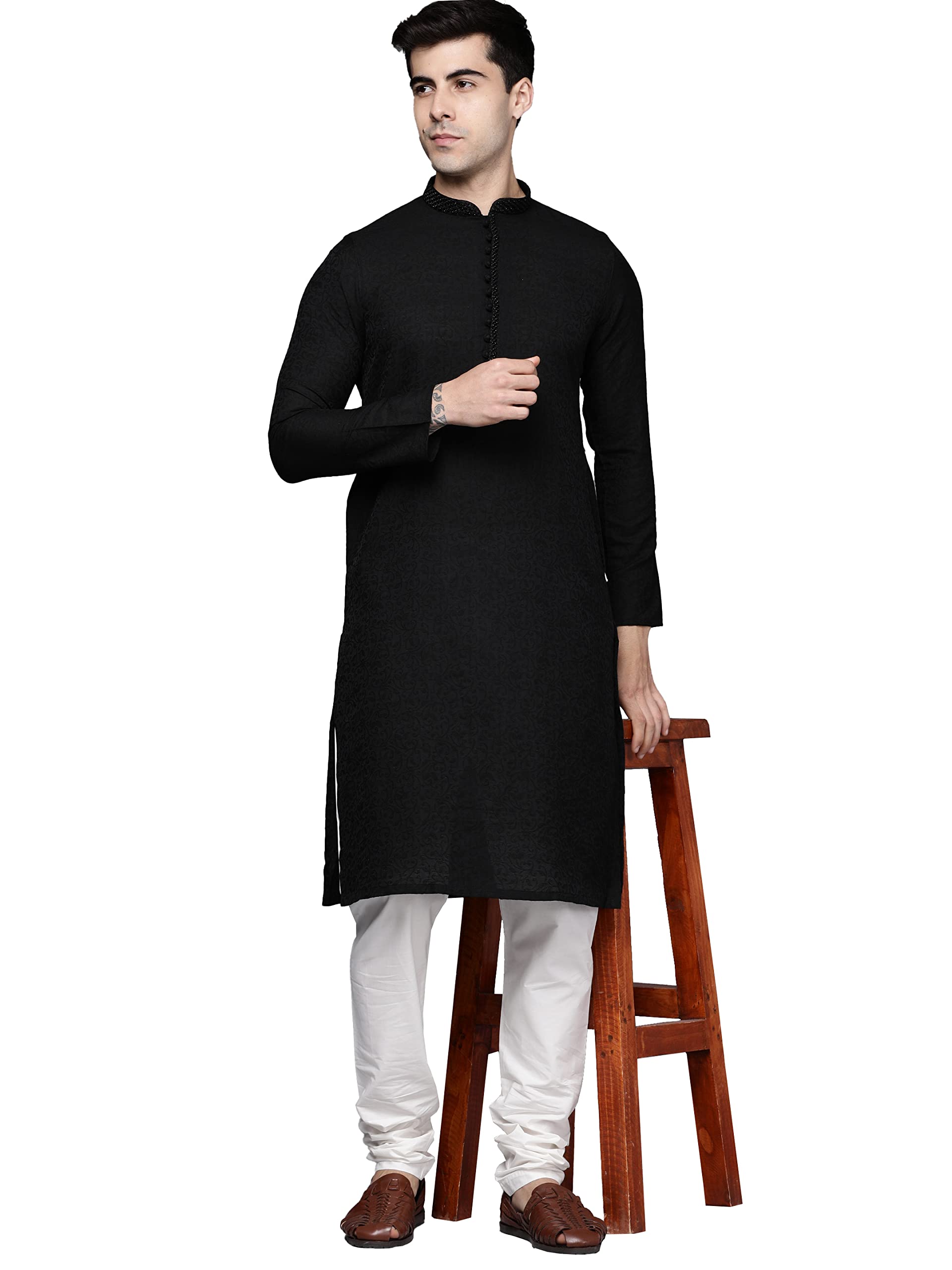 manyavar Men's Viscose Blend Self Design Kurta Churidar Set (2pcs)-picture-10