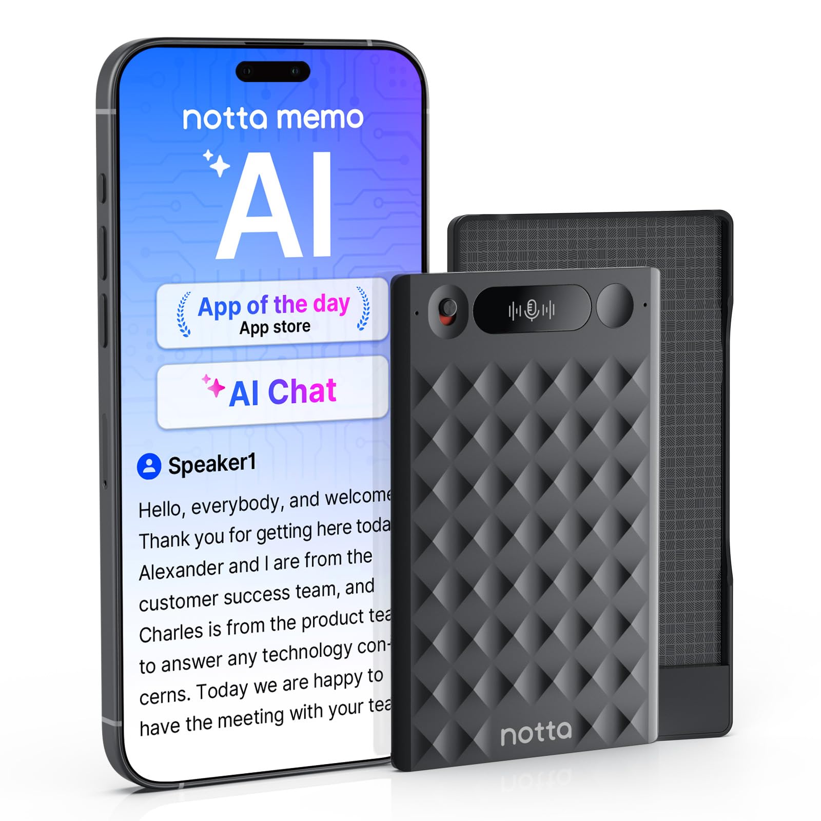 AI Voice Recorder, Notta Memo Digital Voice Recorder(Black), with Memo MagBridge, AI Transcription & Summary of Global Main Languages, 2000h Recording Memory, One-Press Recording