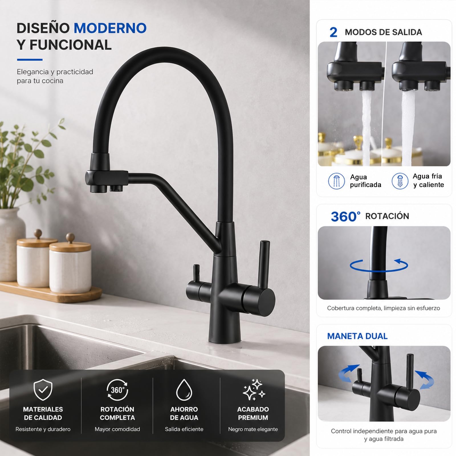 Grifo de Cocina 3 Vías Negro Satinado para Ósmosis, Agua Fría y Caliente, Latón Macizo