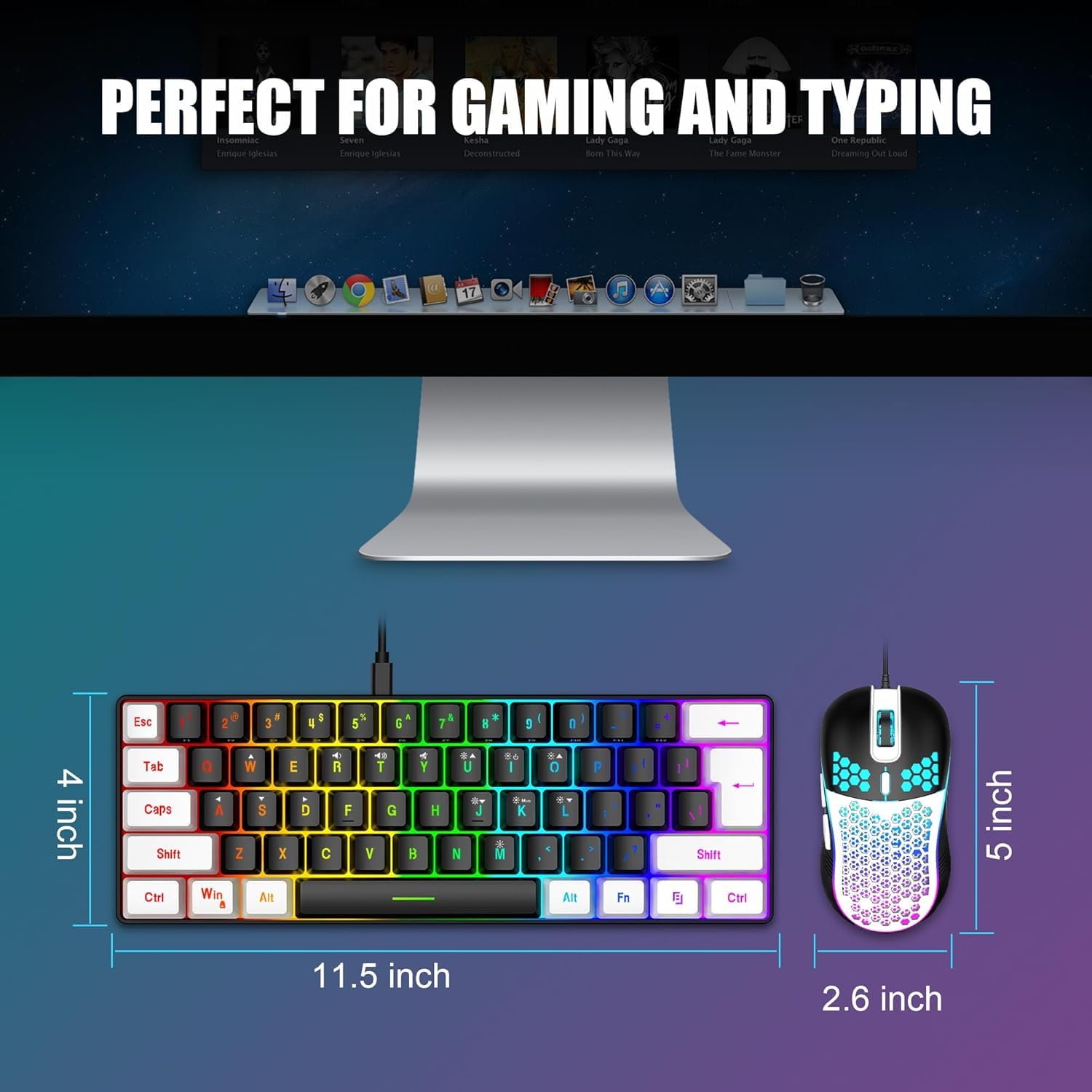 RedThunder Combo de teclado y mouse para juegos al 60%, mini teclado retroiluminado RGB ultra compacto de 61 teclas, mouse óptico ligero de 7200 DPI, juego de juegos con cable RGB para PC, PS5, Xbox