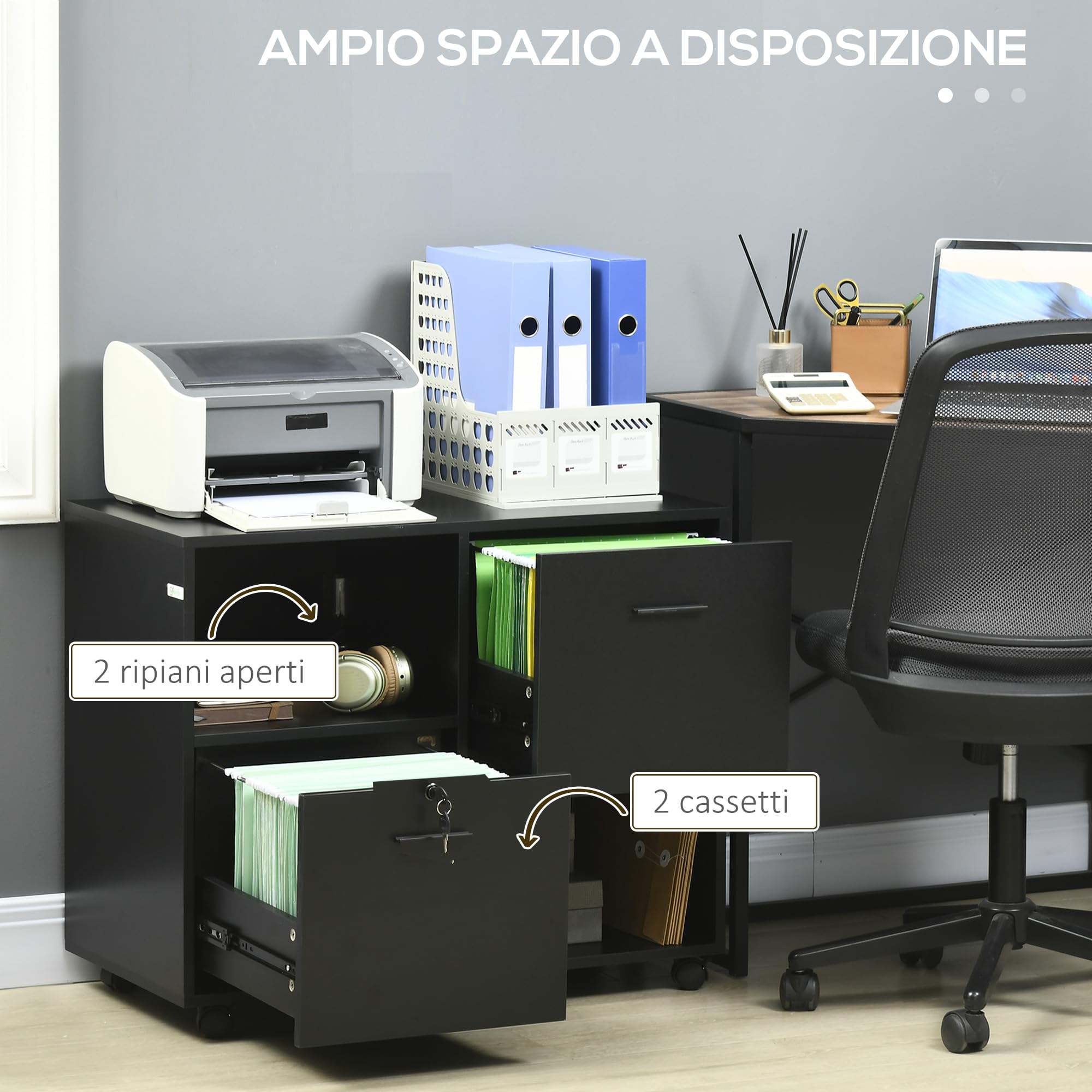 Vinsetto Cassettiera da Ufficio 2 Cassetti Porta Documenti 80x40x66cm Nero | Ripiani Aperti in Truciolato, Maniglie in Acciaio, Ruote con Blocco