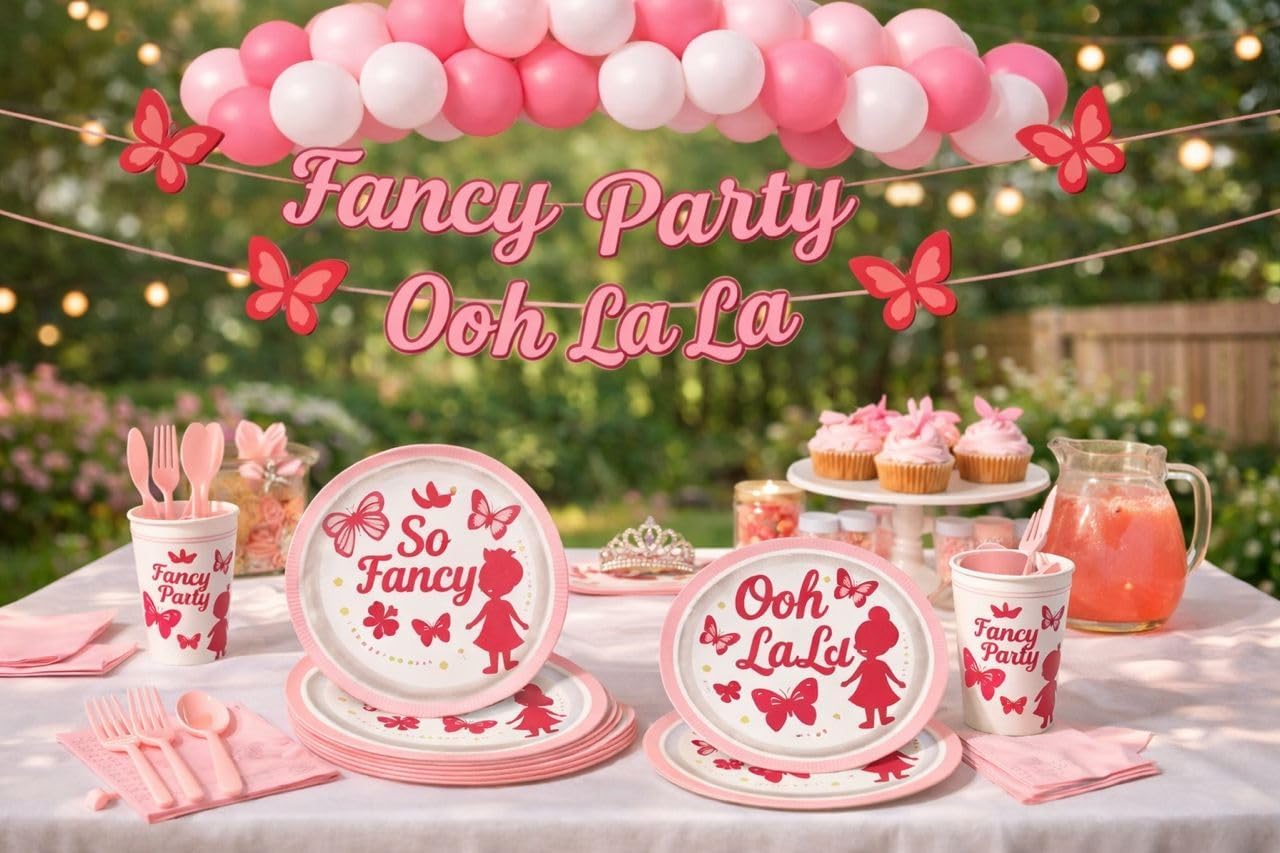 Fancy Party Decorations for Girls – Ooh La La Pink Birthday Party Supplies Set with Banner, Plates, Cups, Napkins & Balloon Garland – Princess Theme Birthday Set