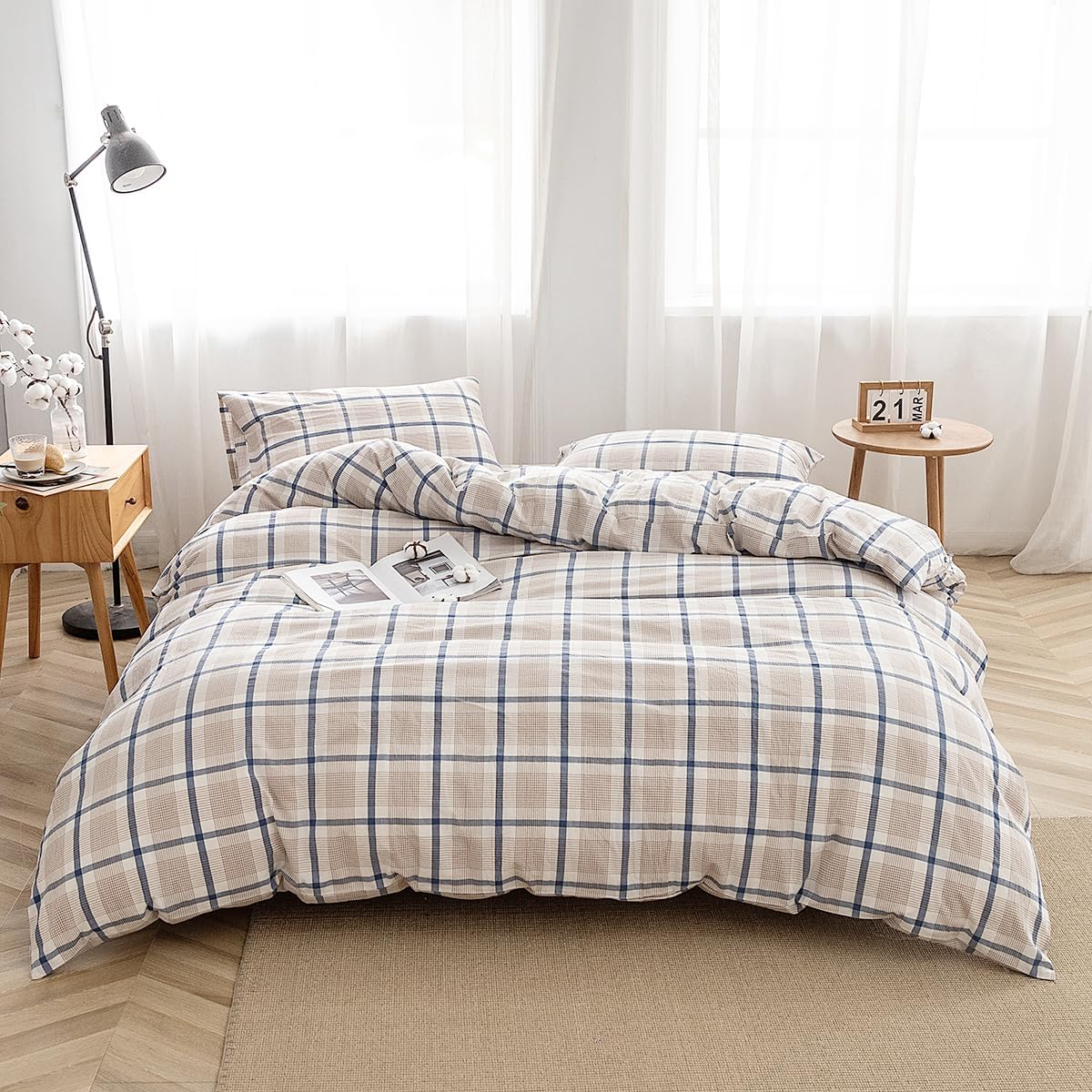 Bedding Duvet Cover Set 3 Pieces 100% Washed Cotton Duvet Cover Linen Like Textured Breathable Durable Soft Comfy(King, Blue Grid)