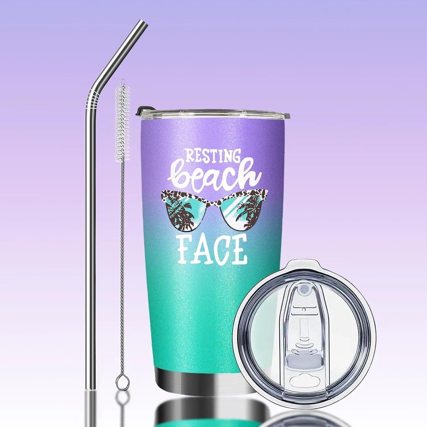 ATHAND 20 Oz Insulated Tumblers with Lid and Straw,Resting Beach Face Double Wall Stainless Steel Vacuum Coffee Wine Tumbler Funny Mug for Women Girls Christmas Gifts (Mint+Purple)