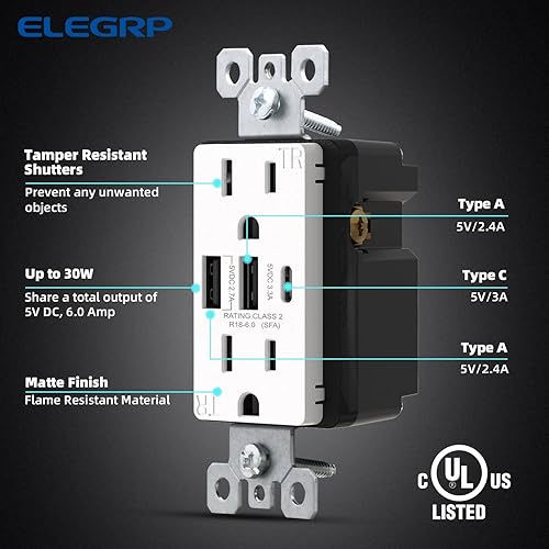 Miniatura 2 de ELEGRP Tomacorrientes USB, toma de pared USB C de 3 puertos, toma eléctrica USB de 30 W 6.0 A, toma de corriente resistente a manipulaciones de 15