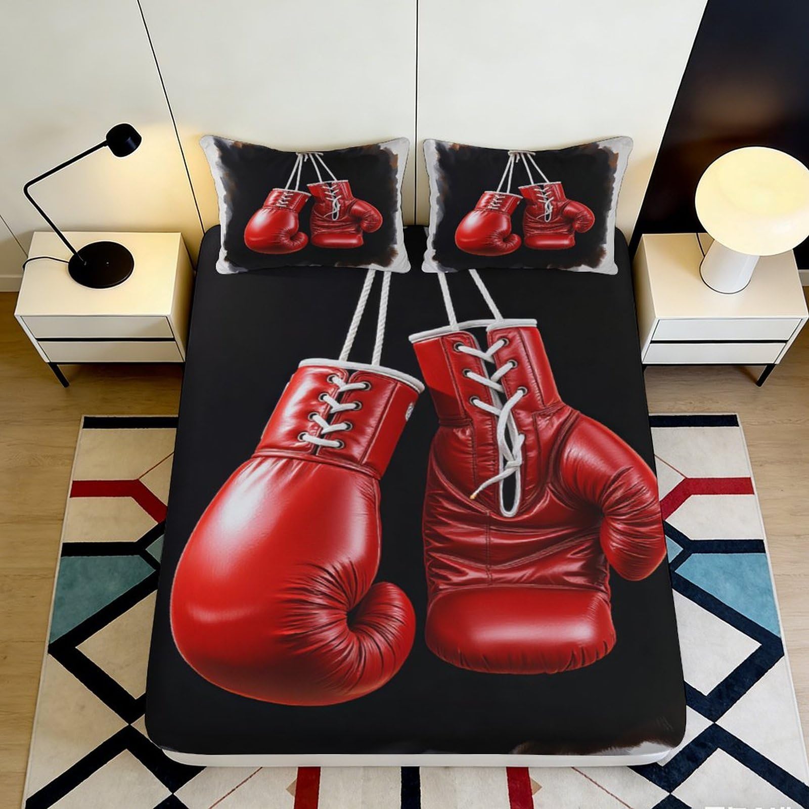 3D Printed Boxing Gloves Fitted Sheet Microfiber Deep Pocket Bedroom Bedding Boxing Mattress Fitted Cover Adult Non-Slip Washable 140x200x25cm