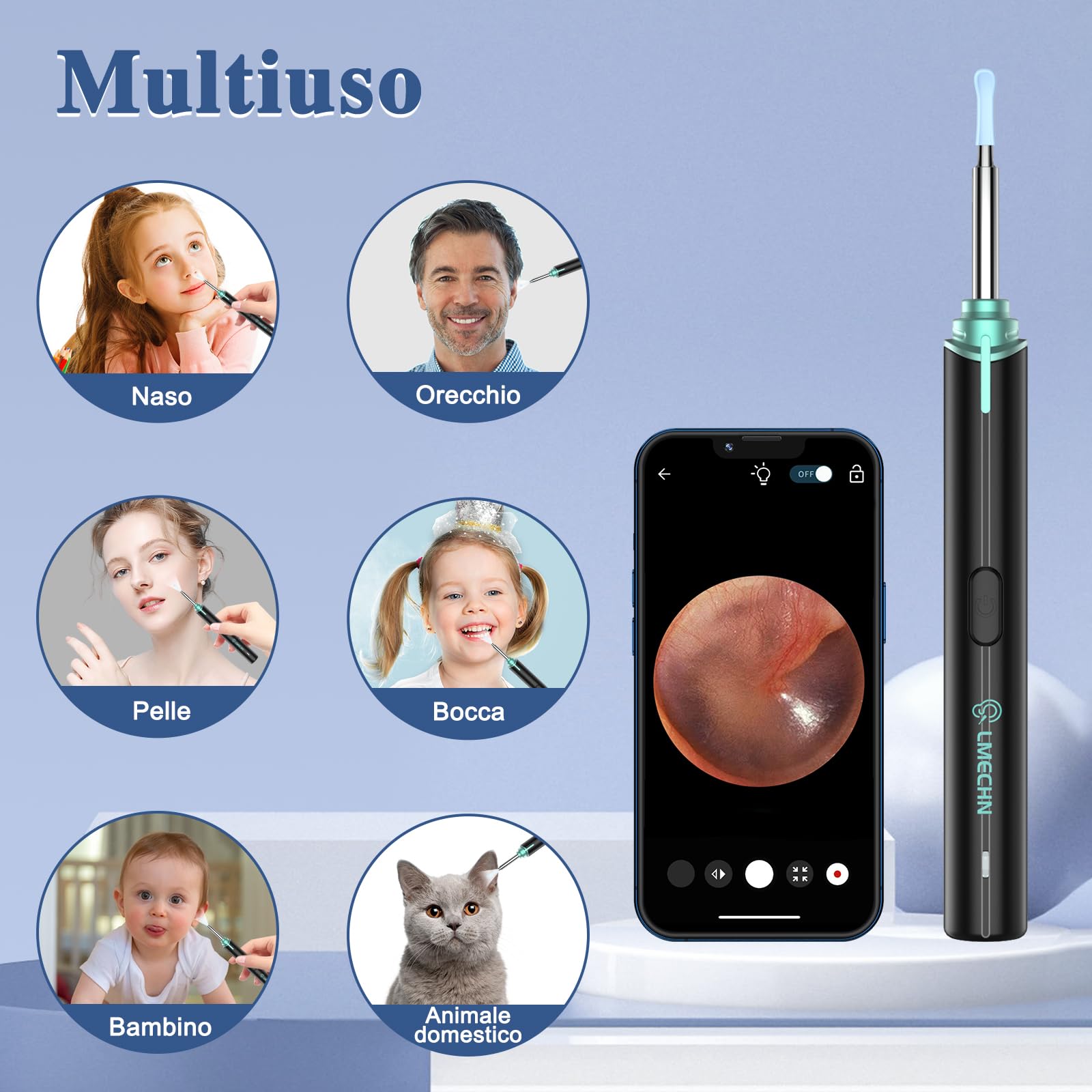 LMEHCN Otoscopio per Pulizia Orecchie - Pulisci Orecchie con Visione 1080P, 6 Luci LED, IP67 Impermeabile, Diametro 3 mm, Compatibile con iPhone iPad e Telefoni Android, Nero