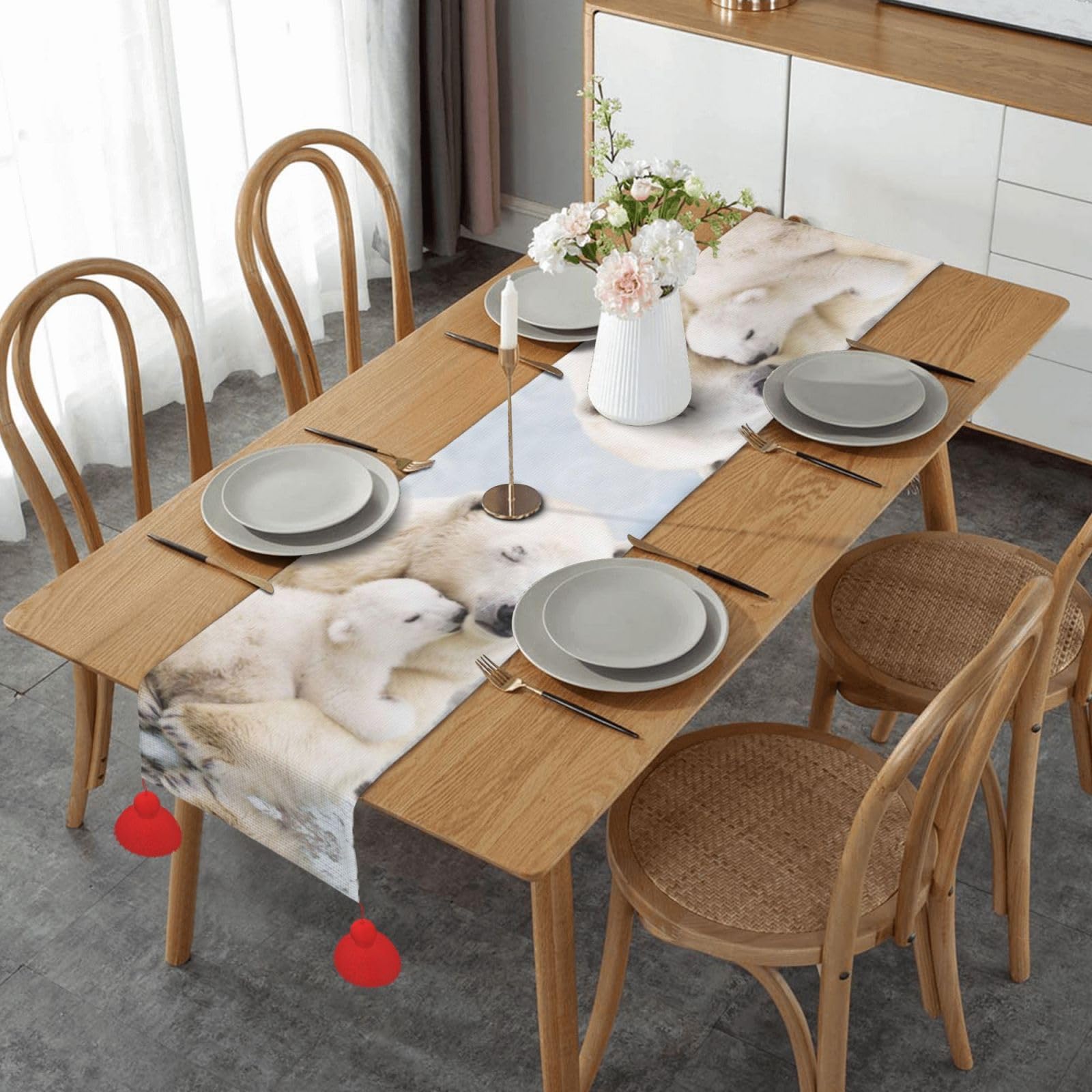 Chemin de table ours polaire deco lin nappe cuisine Noel Halloween table