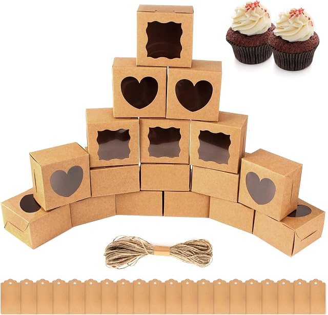 20Pcs Brown Kraft Bakery Boxes 10*10*6cm Cupcake Boxes Single Small Cake Boxes Cookie Boxes with Heart and Wave Square Window with 20Pcs Tags and 20m String for Cupcake Cookies Small Prensent Decor