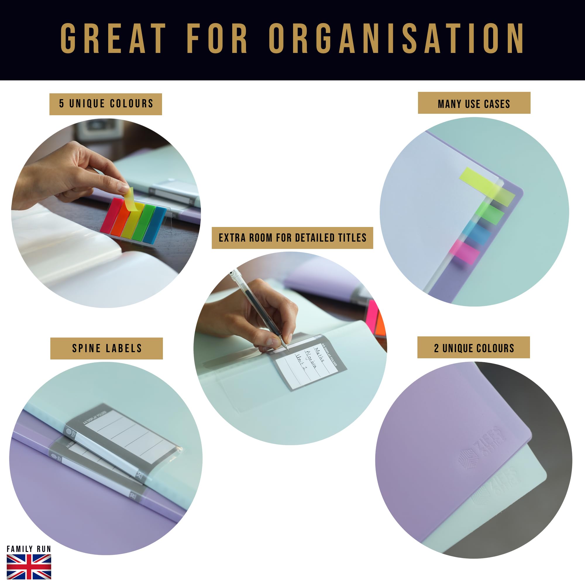 Ziffs Office® A4 Display Folder With 60 Plastic Pockets - 2-Pack Pastel Presentation Book - 250 Sticky Labels Included - British Brand - Image 3