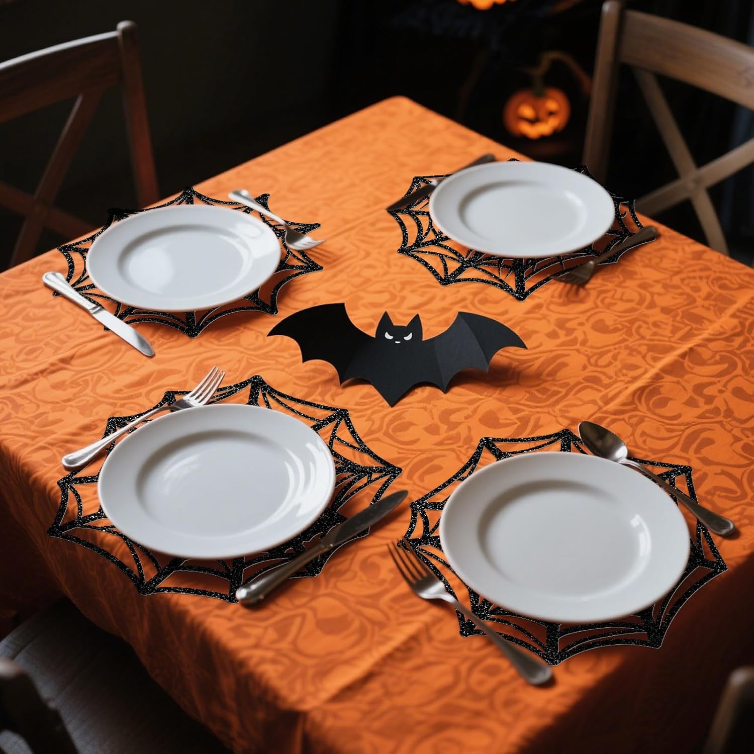 JarThenaAMCS 60Pcs Halloween Glitter Spider Web Disposable Paper Placemats Black Spiderweb Dining Table Mat Place Mats for Trick or Treat Party Home Table Setting, 13 x 13 Inch