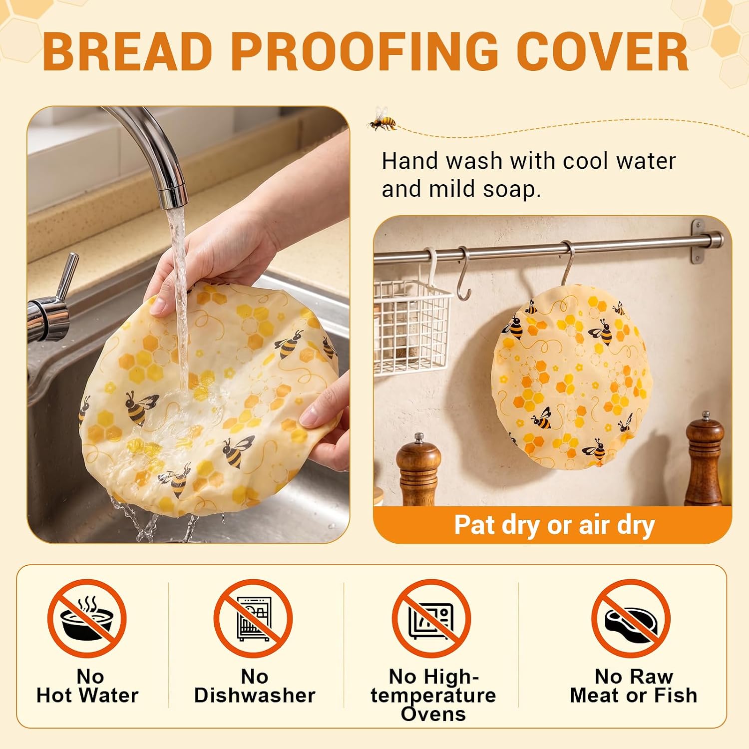 2 PCS Beeswax Bowl Covers for Bread Proofing, Reusable Sourdough Bowl Cover Beeswax Bowl Covers Large Elastic Cloth Banneton Covers(BEES, 10 INCH)