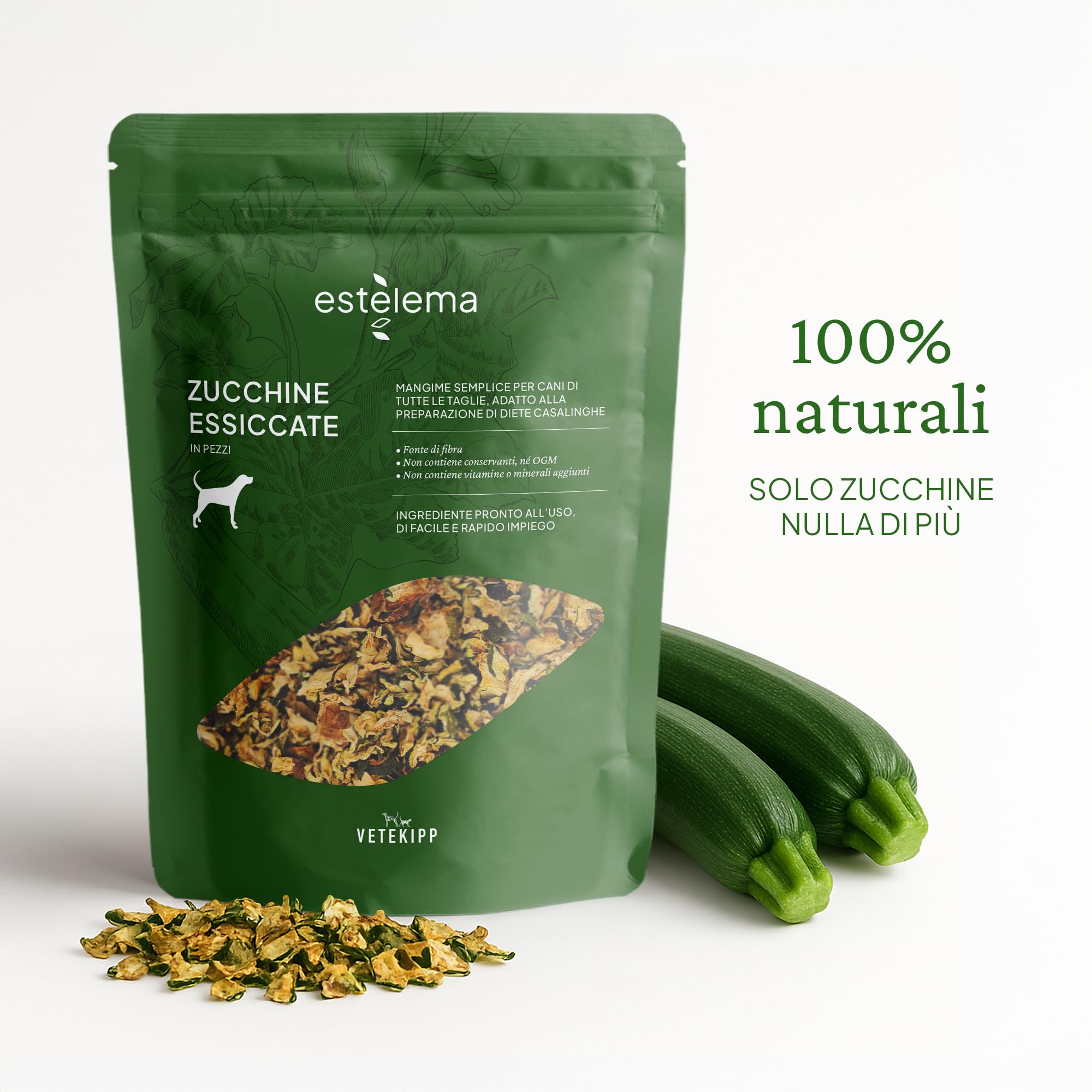 Zucchine disidratate a pezzi per cani 300 g – 100% naturali, senza additivi – Doypack richiudibile – Snack sano o ingrediente BARF