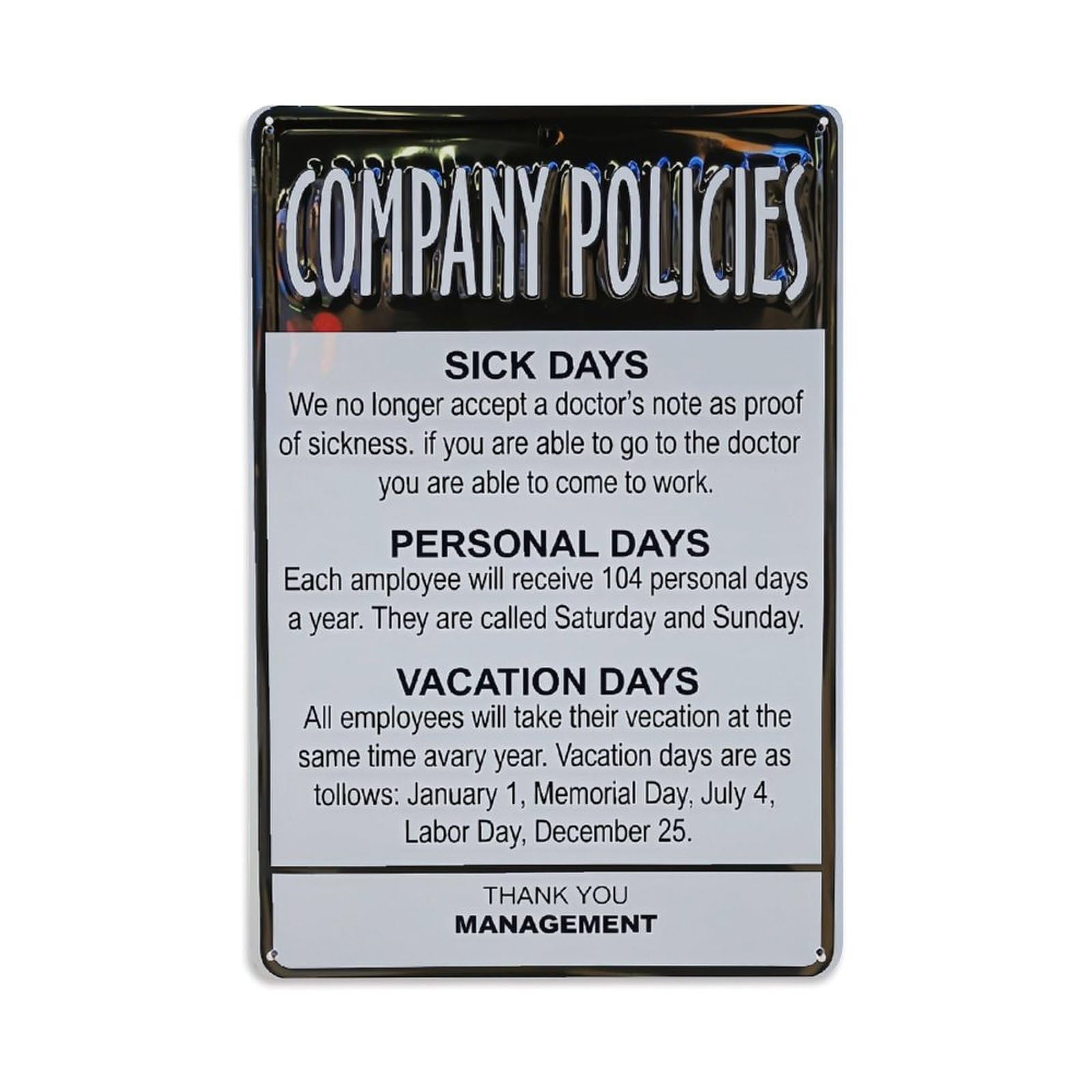 Jdyaojiesheng Vintage Company Policies Sign Board Tin Sign Retro Metal Wall Decor Metal Poster, Home Bar Garage Farmhouse Cafe Wall Art Decoration 8X12inches