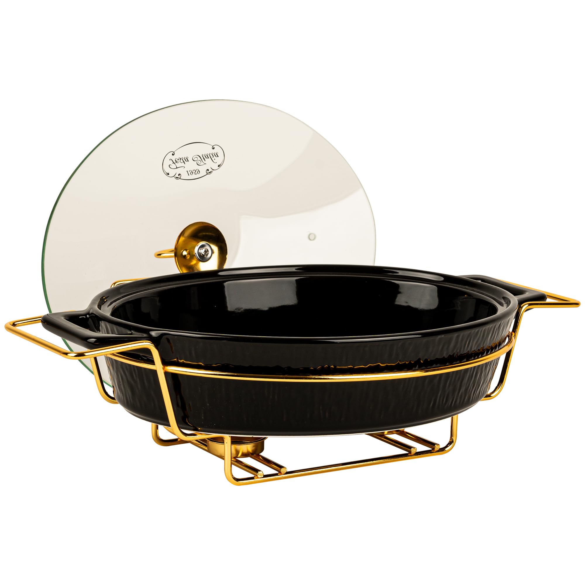 Auflaufform Keramik mit Deckel - 2.5L - Lasagne Oval Form Groß - Schwarz Auflaufformen mit Ständer Tealight - Ofenform - Backform - Lasagneform - Casserole Dish - Großkeramik