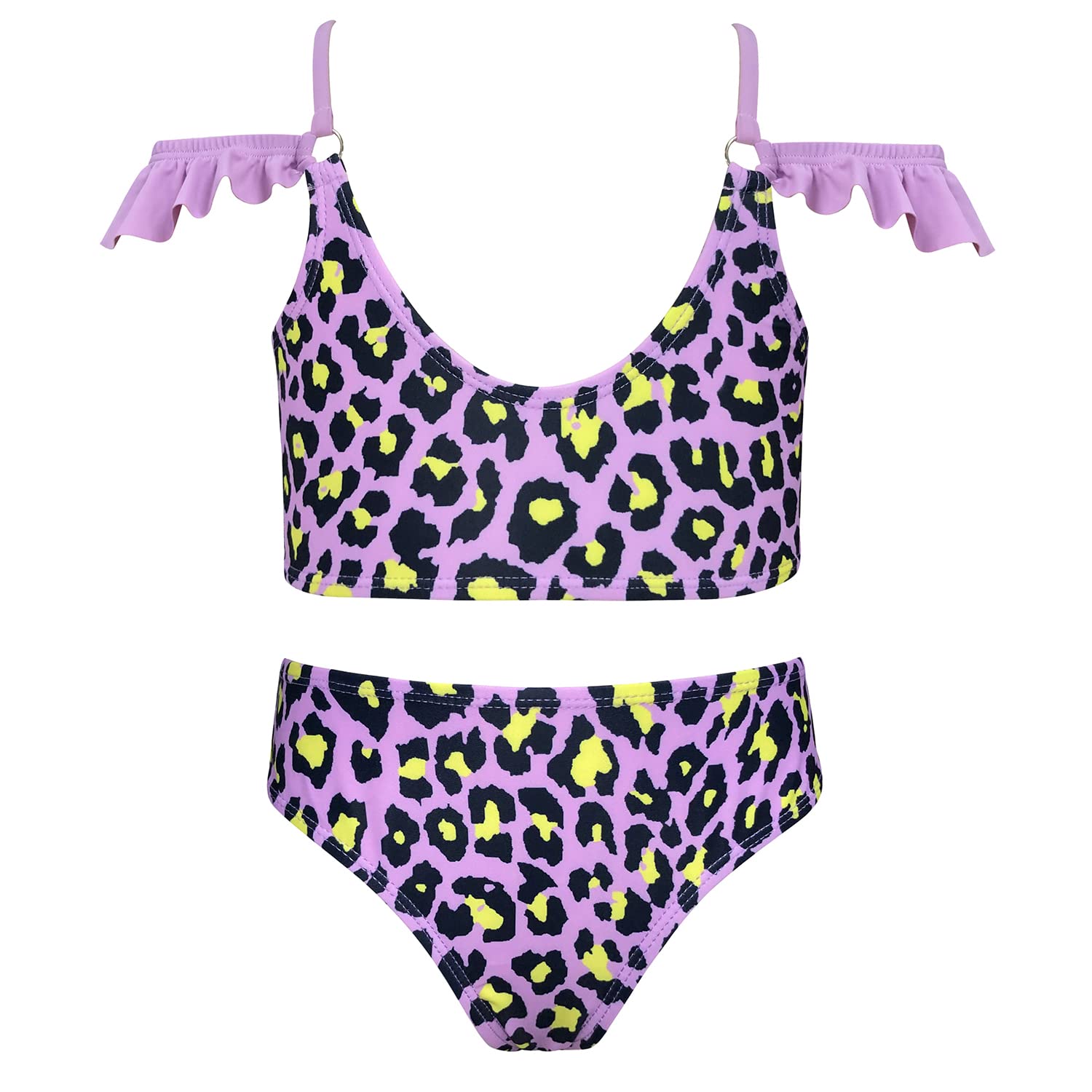Girls Ruffle Flounce Sleeve U-Neck Bikini Floral Printing Two Piece Swimsuits (Printing - Purple, 10-12 Years)