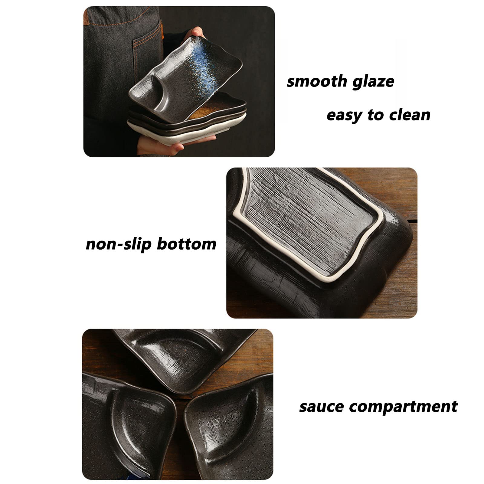 Set di Piatti Rettangolari, Piatto Principale con Scomparto per Salse, Smaltato Liscio E Facile da Pulire, Adatto per La Casa E Il Ristorante,Marrone