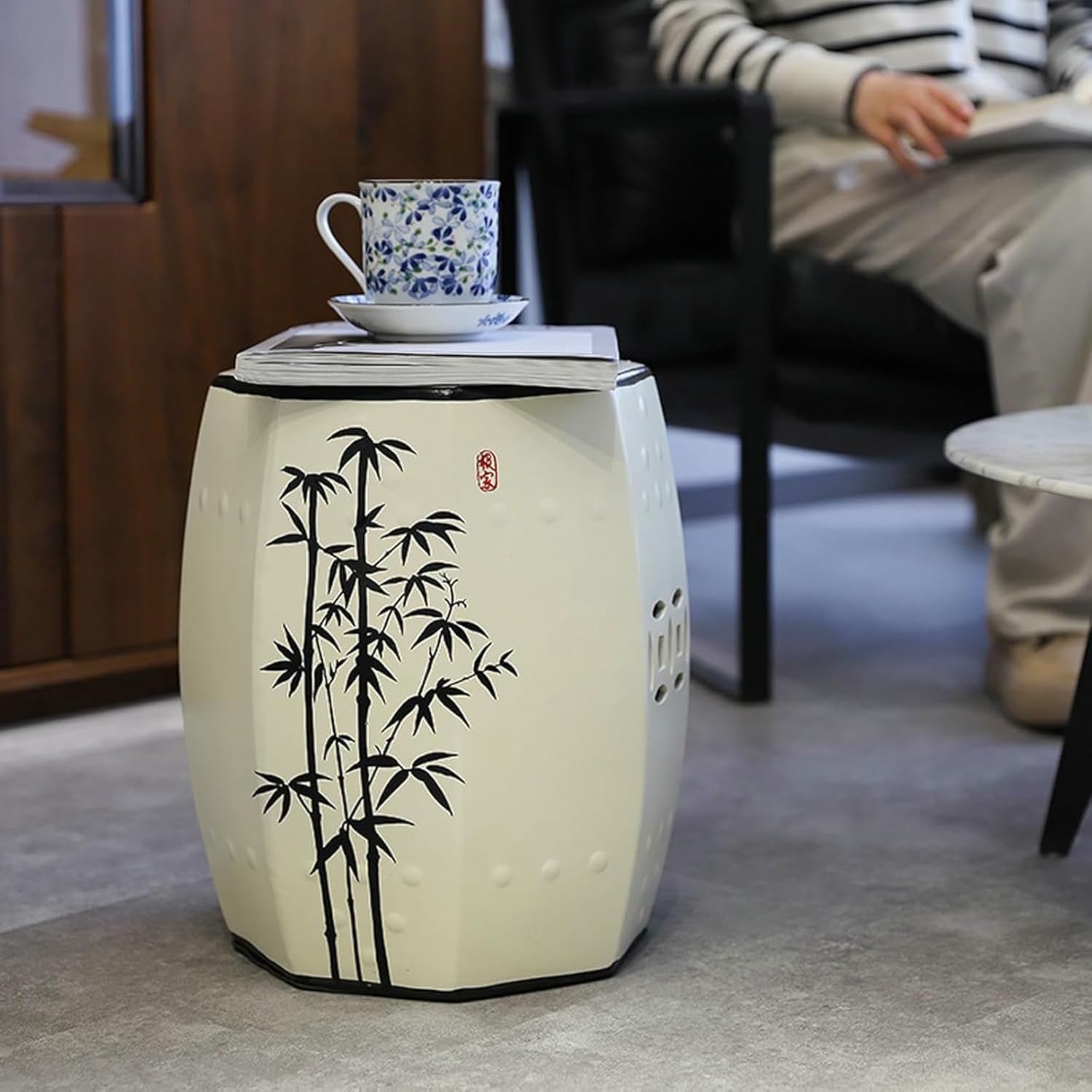 Bamboo Pattern Decorative Garden stools Outdoor Ceramic Side Table Chinese Garden stools Ceramic Shoe Changing Stool Blue and White Garden Stool