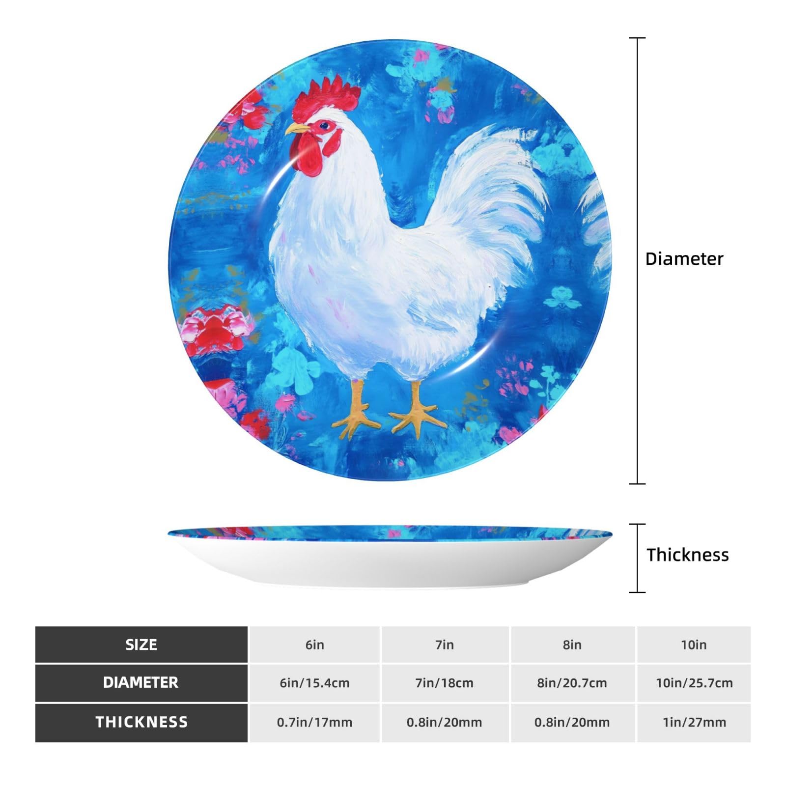 YZILDP White Rooster Oil Painting Ceramic Plate with Display Stand,8 in,Farmhouse Decorative Plates Wall Hanging Plate for Kitchen Dining Room Home Table Decor
