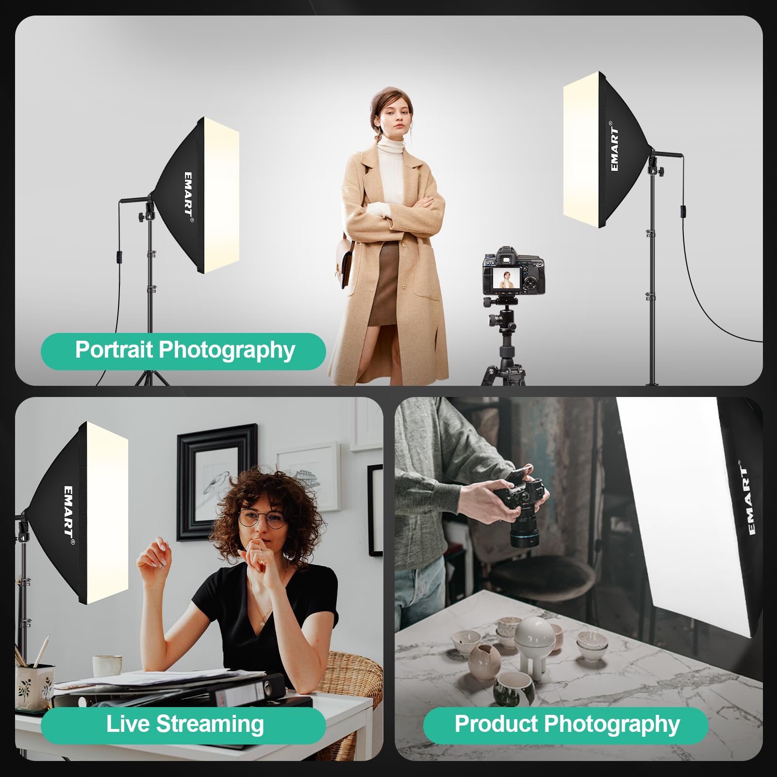 EMART Softbox Iluminación Kit Fotografía, Foco Fotografía 50 x 70 cm, Softbox per Studio Fotografico Equipo Bombilla LED de 50W (3000K-6000K), para Estudio Fotográfico,Grabación de Vídeo (2 Pack)