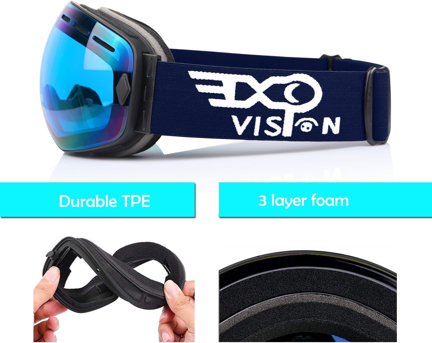 EXP VISION Snowboard Ski Goggles Men Women Youth, Anti Fog OTG Winter Snow Goggles Spherical Detachable Lens (Blue) - Image 3