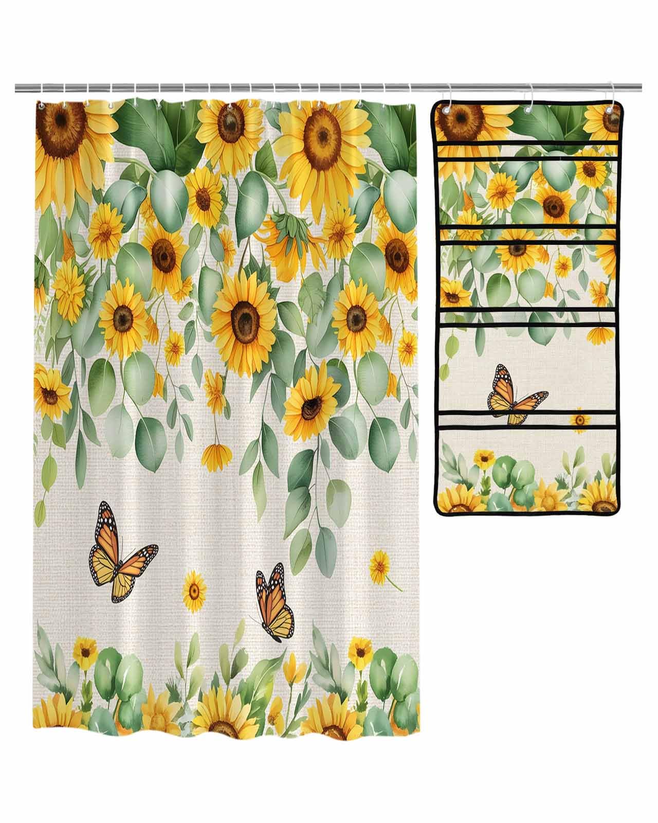 Decorative Shower Curtain Sets Country Polyester Fabric Waterproof Bath Shower Curtains Sunflowers Eucalyptus Leaves on Burlap Mesh Shower