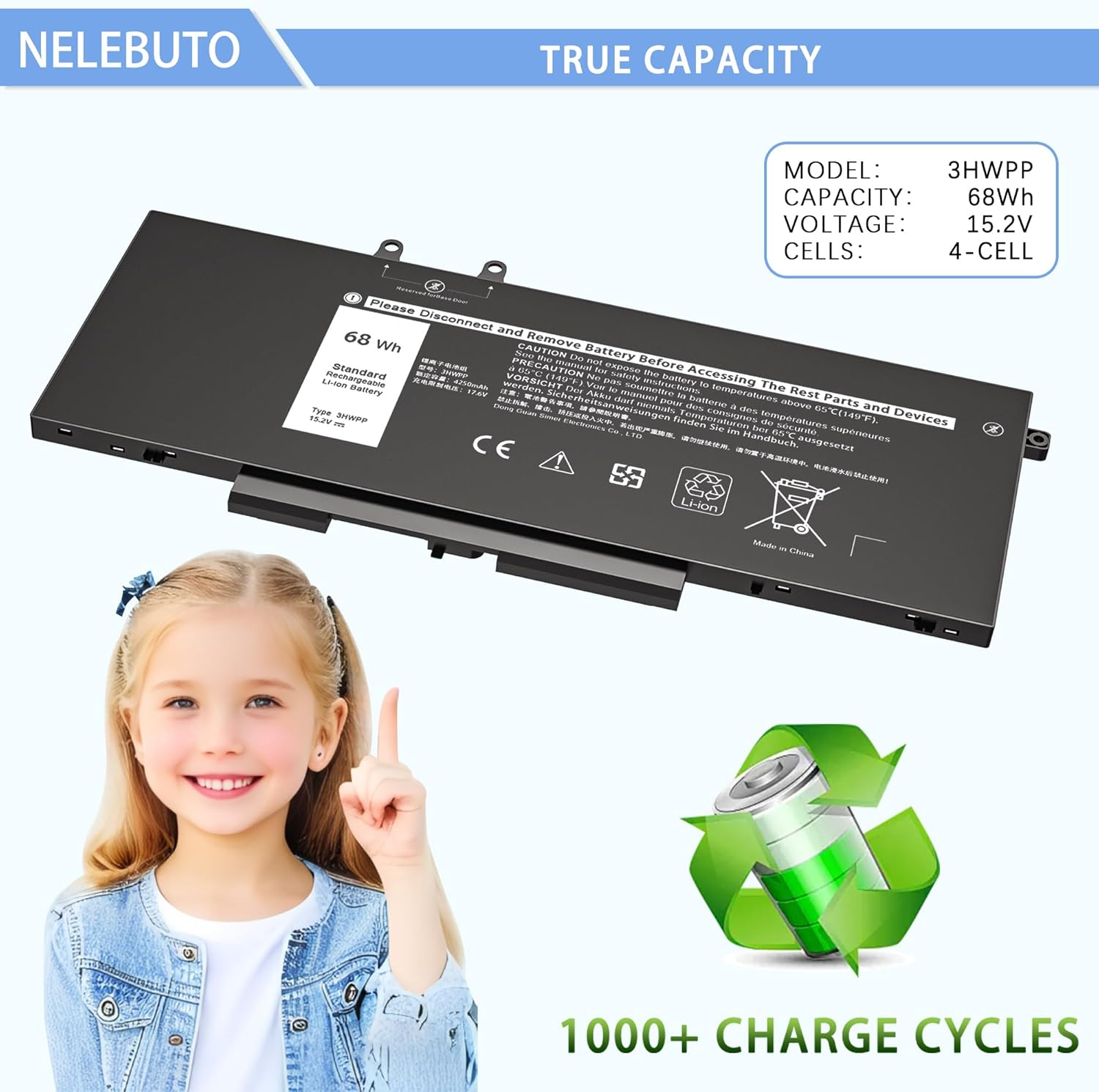 New 3HWPP 15.2V 68Wh 4-Cell Laptop Battery Compatible with Dell Latitude 5501 5401 5510 5410 5411 5511 Precision 3551 3541 Inspiron 17 7500,7706 2-in-1,7506 2-in-1 Black N2NLL 10X1J 1VY7F 451-BCMN
