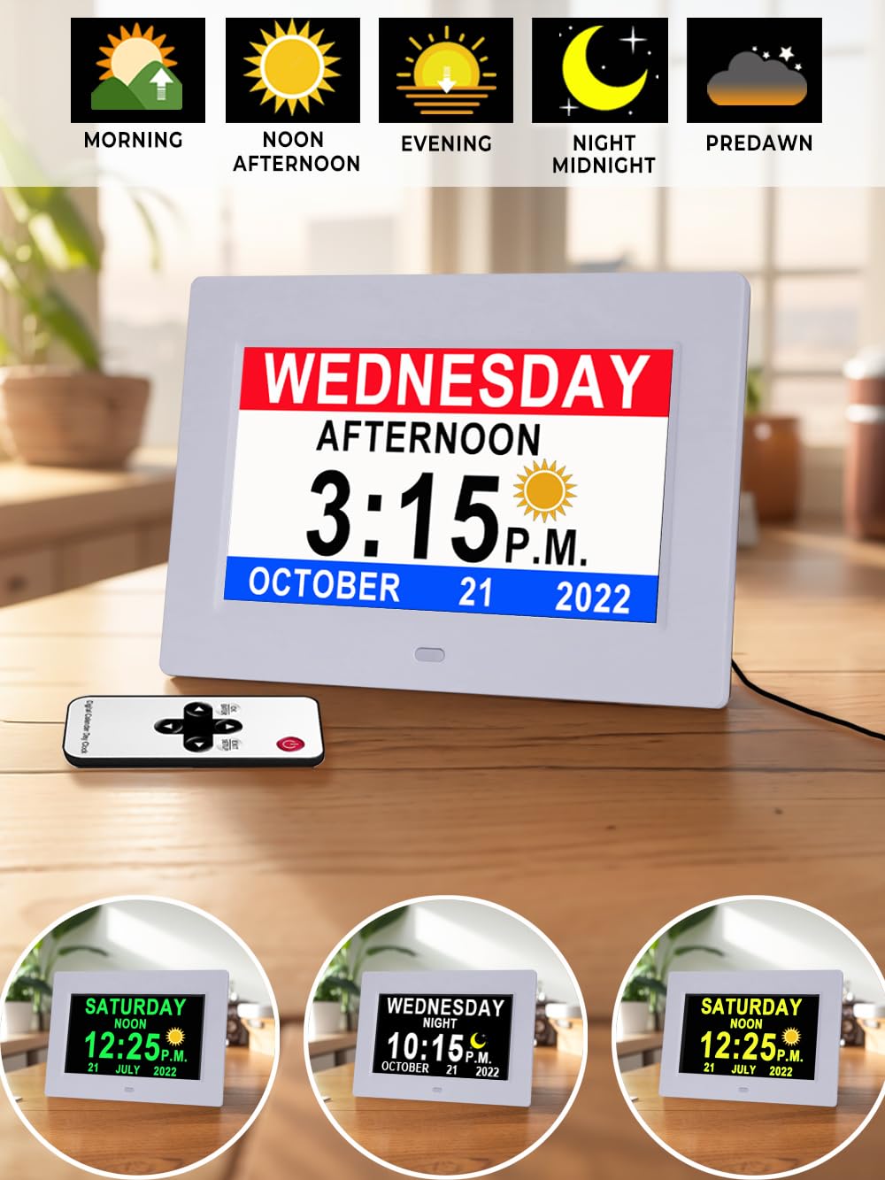 MASSII 【Aggiornato】 Orologio digitale con icone Auto DST e Sun Luna, 20 allarmi promemoria personalizzati, calendario giorno data orologio per anziani, demenza Alzheimer, orologio da 17,8 cm (nero)