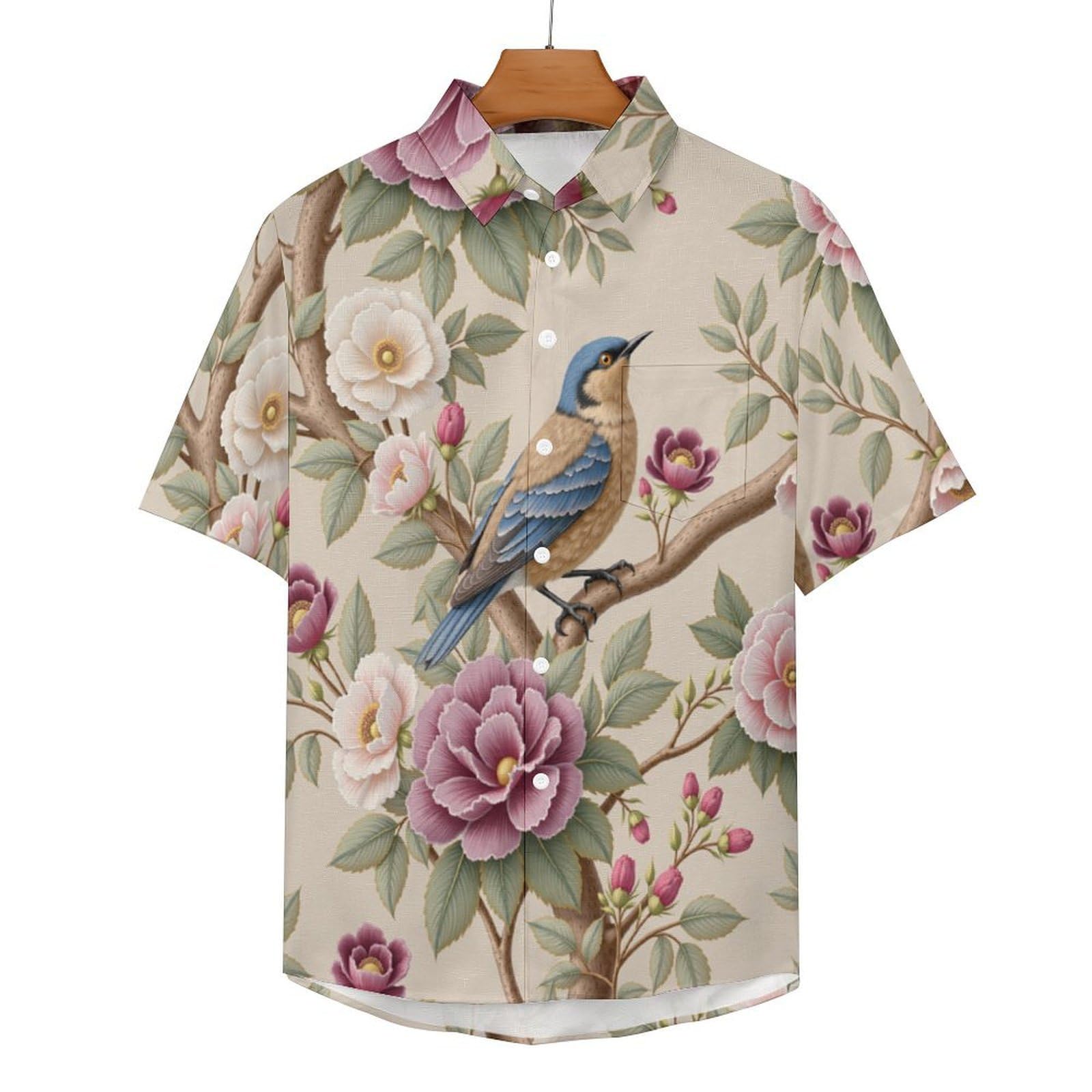 Camicie da Uomo a Maniche Corte con Stampa della Fiori Uccelli Rami D'Albero Stile Cinese, Casual Leggere Bottoni Camicia con Tasca Frontale, per Vacanze Spiaggia Estate