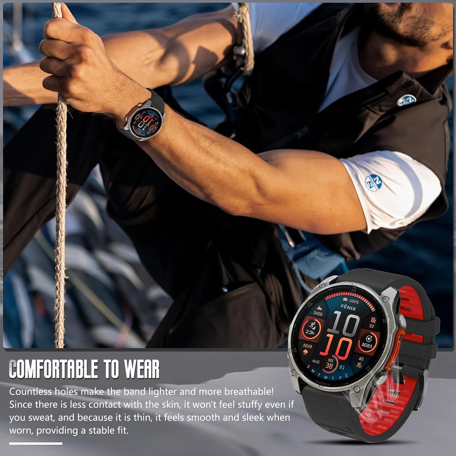 26mm Quickfit Silicone Watch Band for Garmin Tactix 8 51mm/Garmin Fenix 8 51 mm/Fenix 7X Pro Solar/7X Pro/7X Solar/7X, Replacement Sport Strap for Enduro 3/Descent Mk3i/Instinct 2X, Black/Red image 3