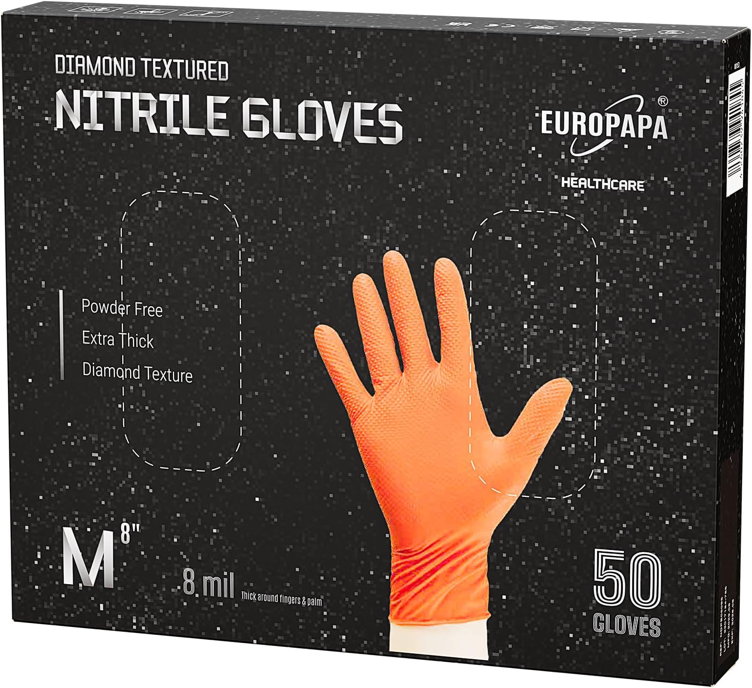 EUROPAPA 50x extra thick nitrile gloves DiamantGrip Diamant black and orange Perfect Grip disposable gloves assembly protection gloves powder-free latex-free work gloves (M, Orange)