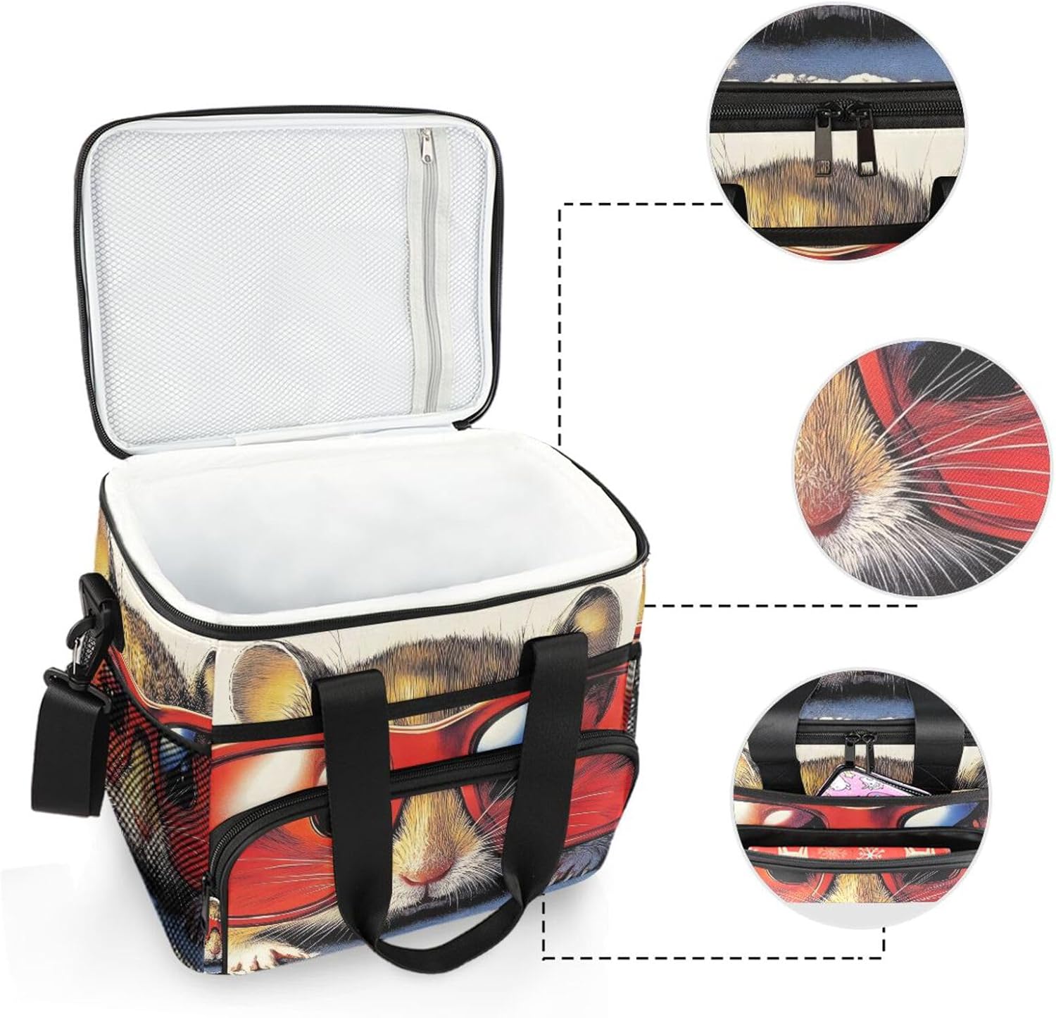 Insulated Cooler Bag Mouse with Glasses Print Large Capacity 24 Cans Lunch Box Leak Proof with Shoulder Strap Handle for Camping Picnic