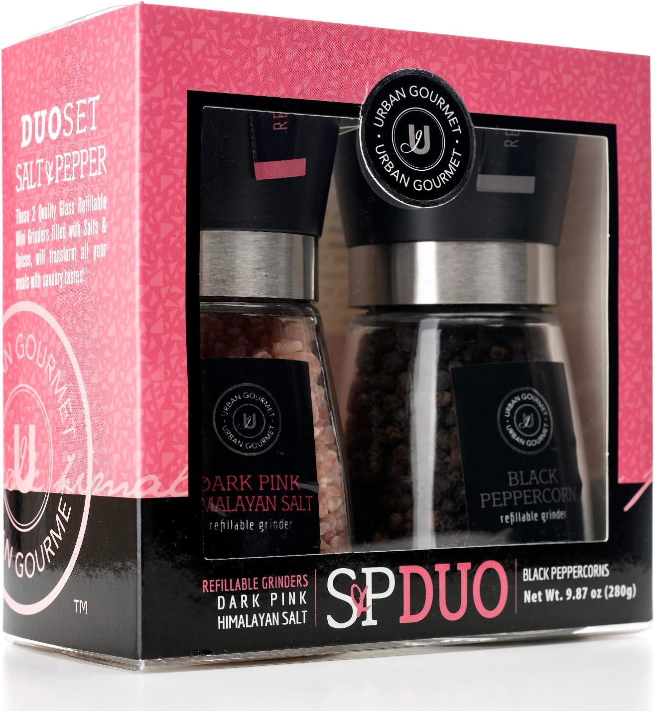 Urban Gourmet Salt and Pepper Grinder Set | Himalayan Salt and Black Peppercorns Gift Set