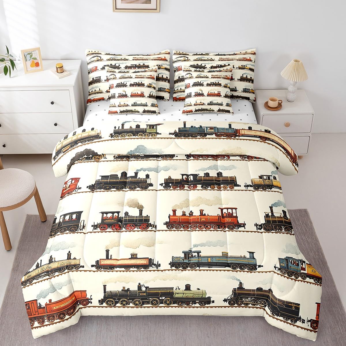 Feelyou Vintage Train Comforter Set Twin 7 Pcs Retro Steam Engine Boys Girls Retro Steam Locomotive Train Bedding Set Vehicle Train Bed in a Bag with Comforter, Sheets, Pillowcases & Cushion Cover