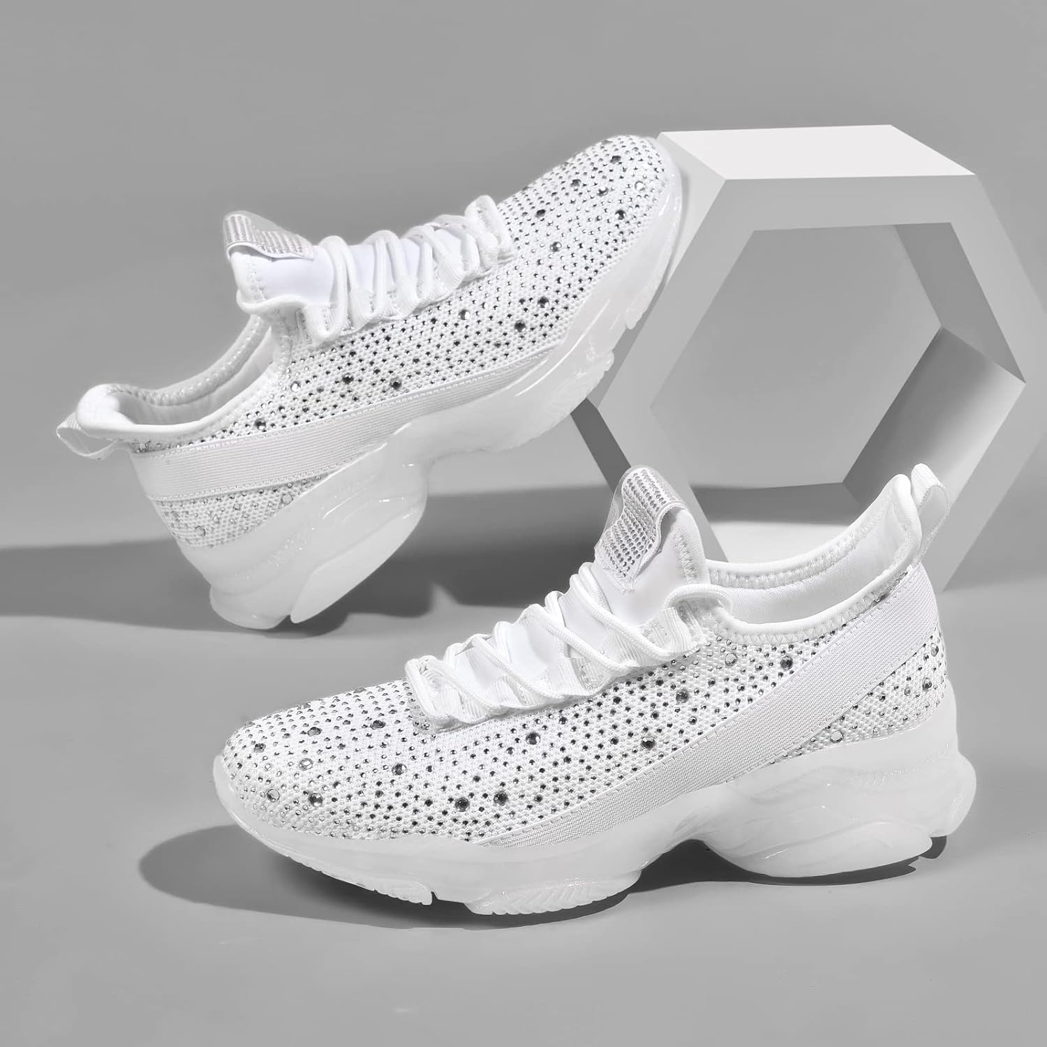 BELOS Women's Rhinestone Mesh Slip On Walking Shoes Fashion Breathable Spakle Glitter Sneaker - Image 6