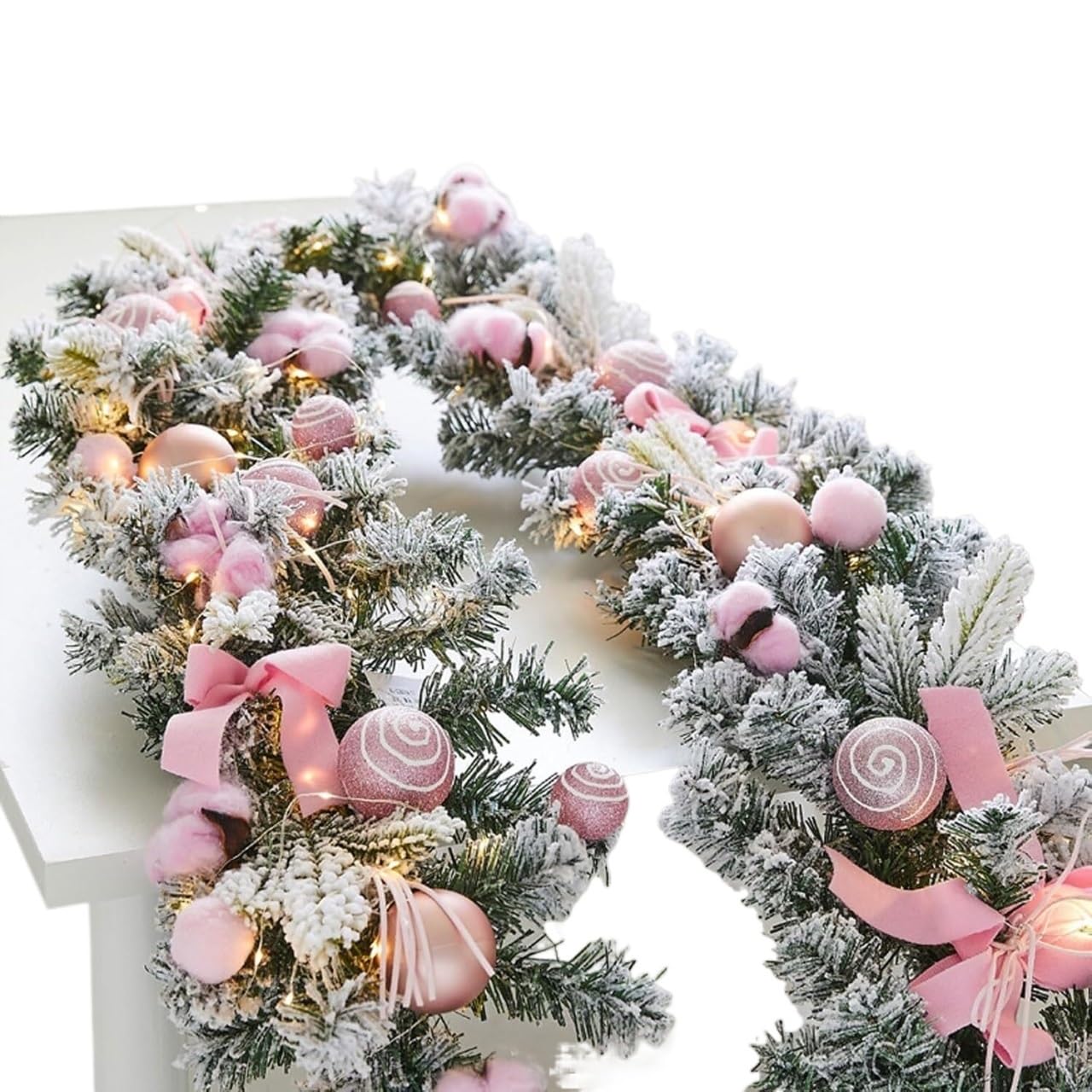 Ozdobny wieniec bożonarodzeniowy, 1,8 m świąteczna girlanda z lampkami, szyszki, jagody, wielokolorowa(Pink)