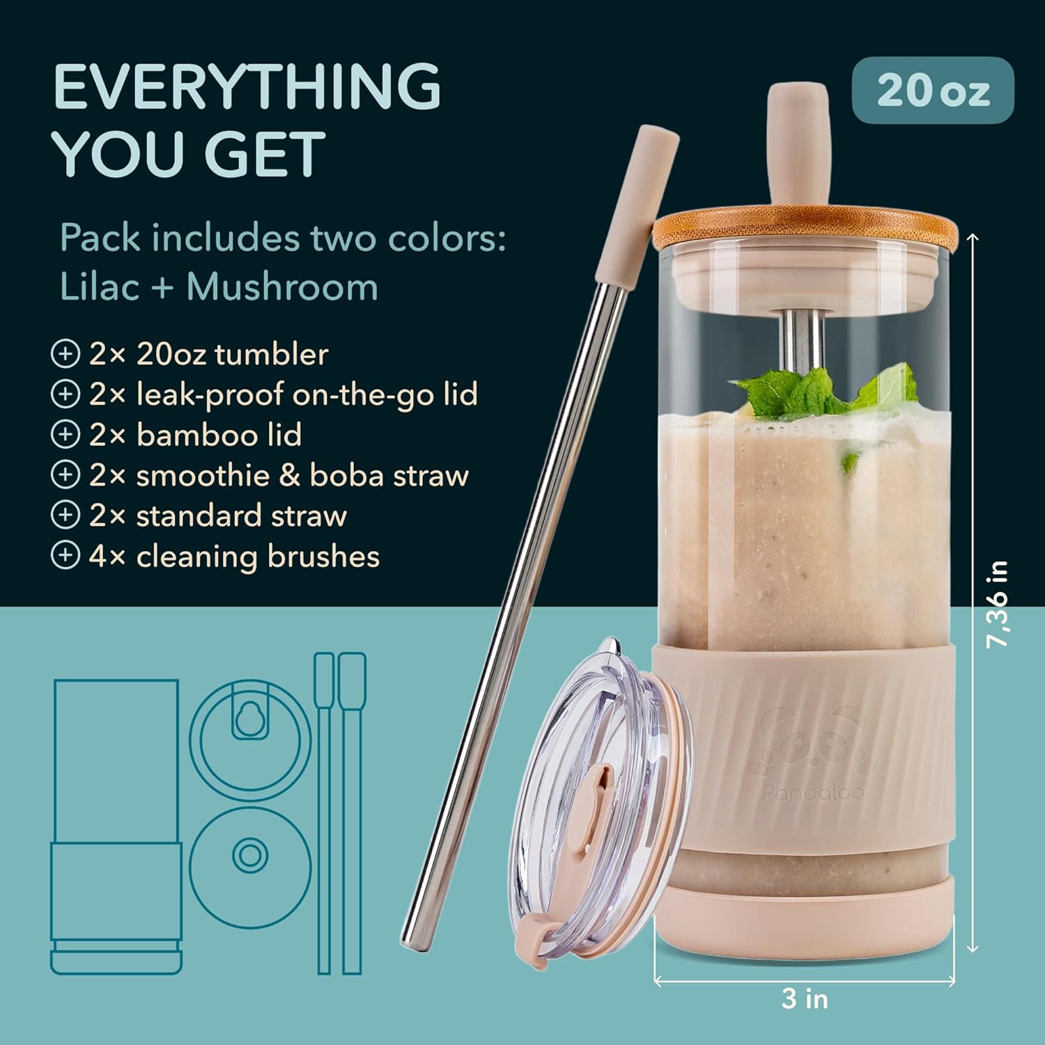 Pandaloo® Glass Cups With Lids and Straws -20 Fl Oz- Perfect Size Iced Coffee Cup - Smoothie Cup With Bamboo Lid and On the go Lid - Glass Tumbler (2 Count (Pack of 1), Lilac-Creamy Mushroom) Lilac-Creamy Mushroom 20 Ounces