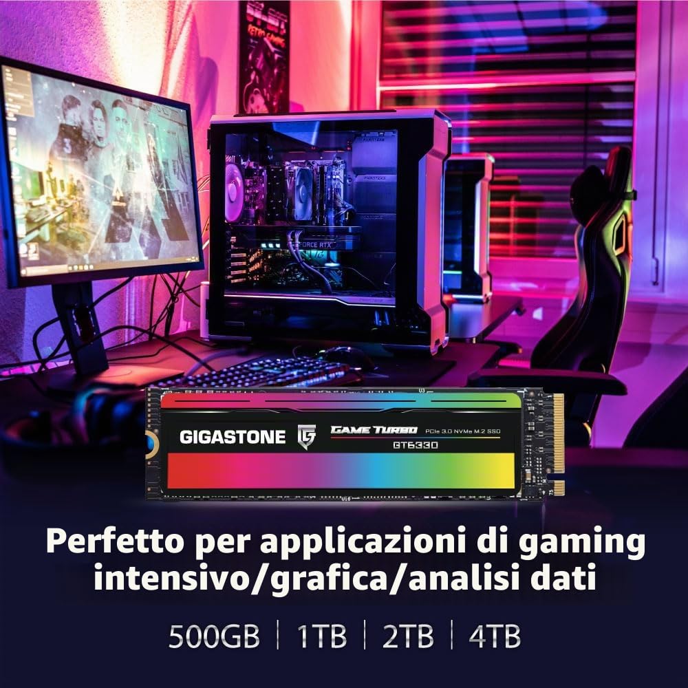 Gigastone SSD M.2 500GB NVMe PCIe Gen 3 SSD, fina a 3.000 MB/s Gaming Unit獺 Stato Solido interno Upgrade PC Laptop Risposta Rapida per Gamer Rendering 3D Editing Video 4K/8K Creatori PCIe 3.0