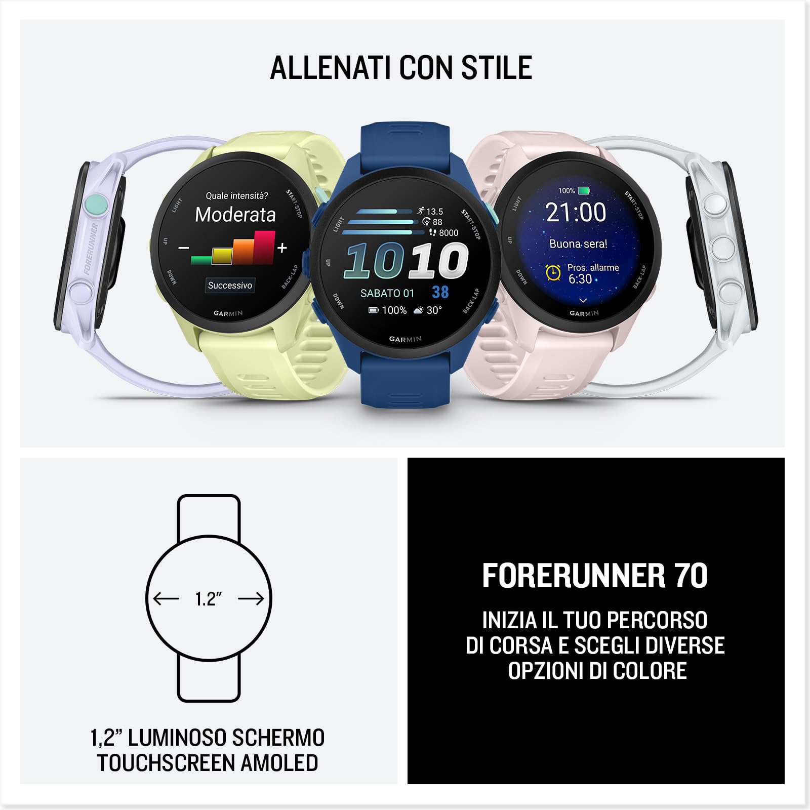 Garmin Forerunner 70, Smartwatch per la corsa, 43mm, GPS multi-band, Display AMOLED, HRV Status, Funzioni di Allenamento Avanzate, Coach, Autonomia fino a 13 giorni (Whitestone)