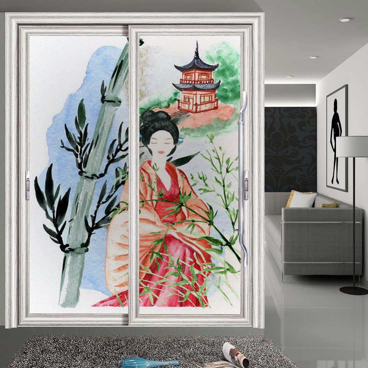 Amazon｜装飾ガラス、女の子と竹の水彩イラスト ポスター 書道イラスト