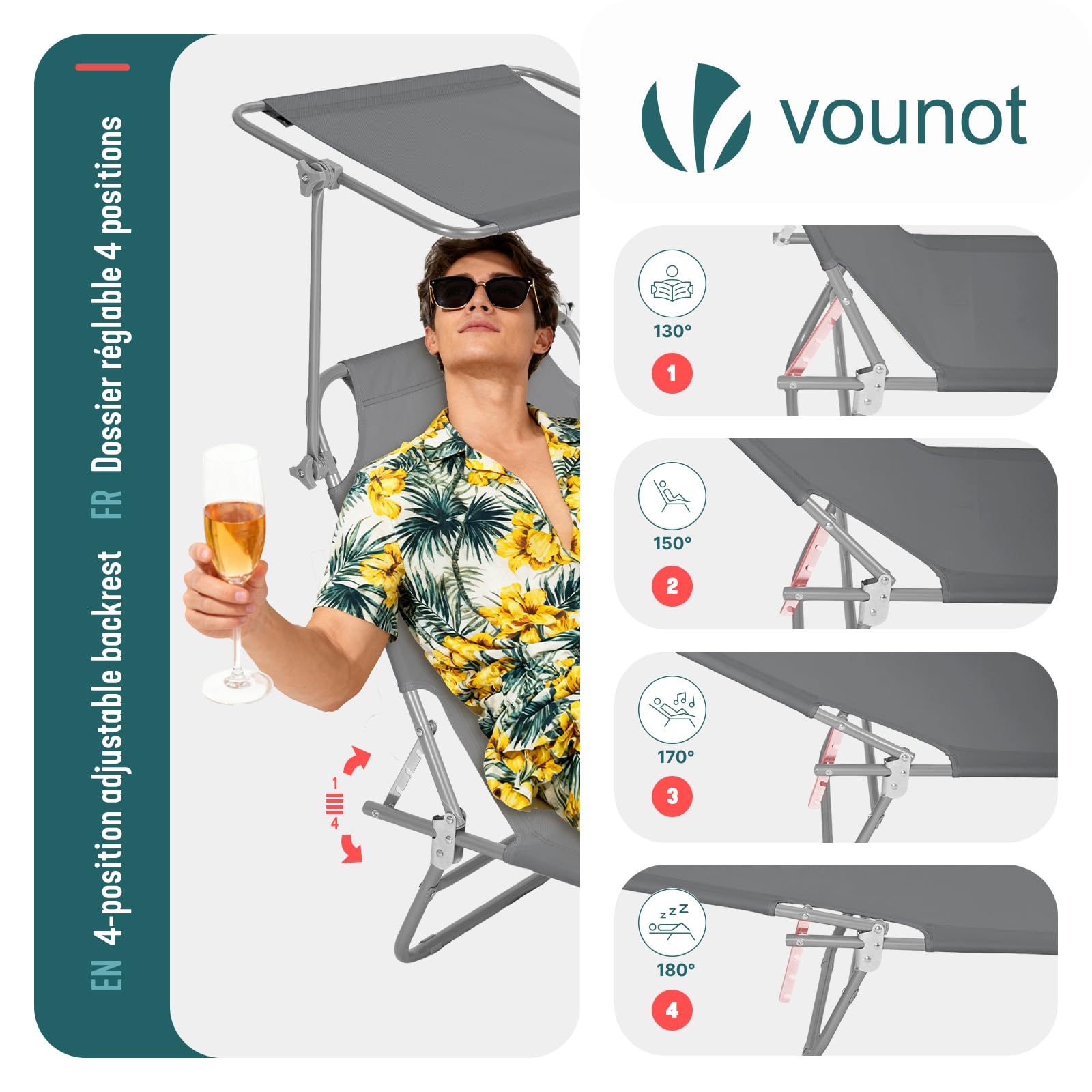 vounot® Lot de 2 Chaise Longue avec Pare Soleil Bain de Soleil Pliable Tissu Polyester Inclinable 4 Positions Transat Charge Max 120KG pour Jardin Terrasse Piscine Plage Camping Gris