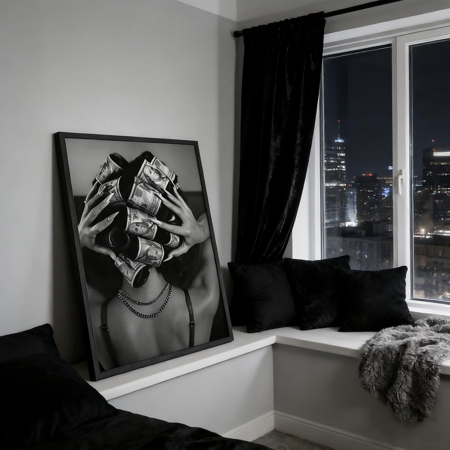 Framed Black and White Fashion Canvas Wall Art Luxury Feminist Picture Wall Decor Trendy Woman with Money on Head Poster Print for Girls Bedroom Apartment Dorm Bar Cart Home Decoration 12x16in