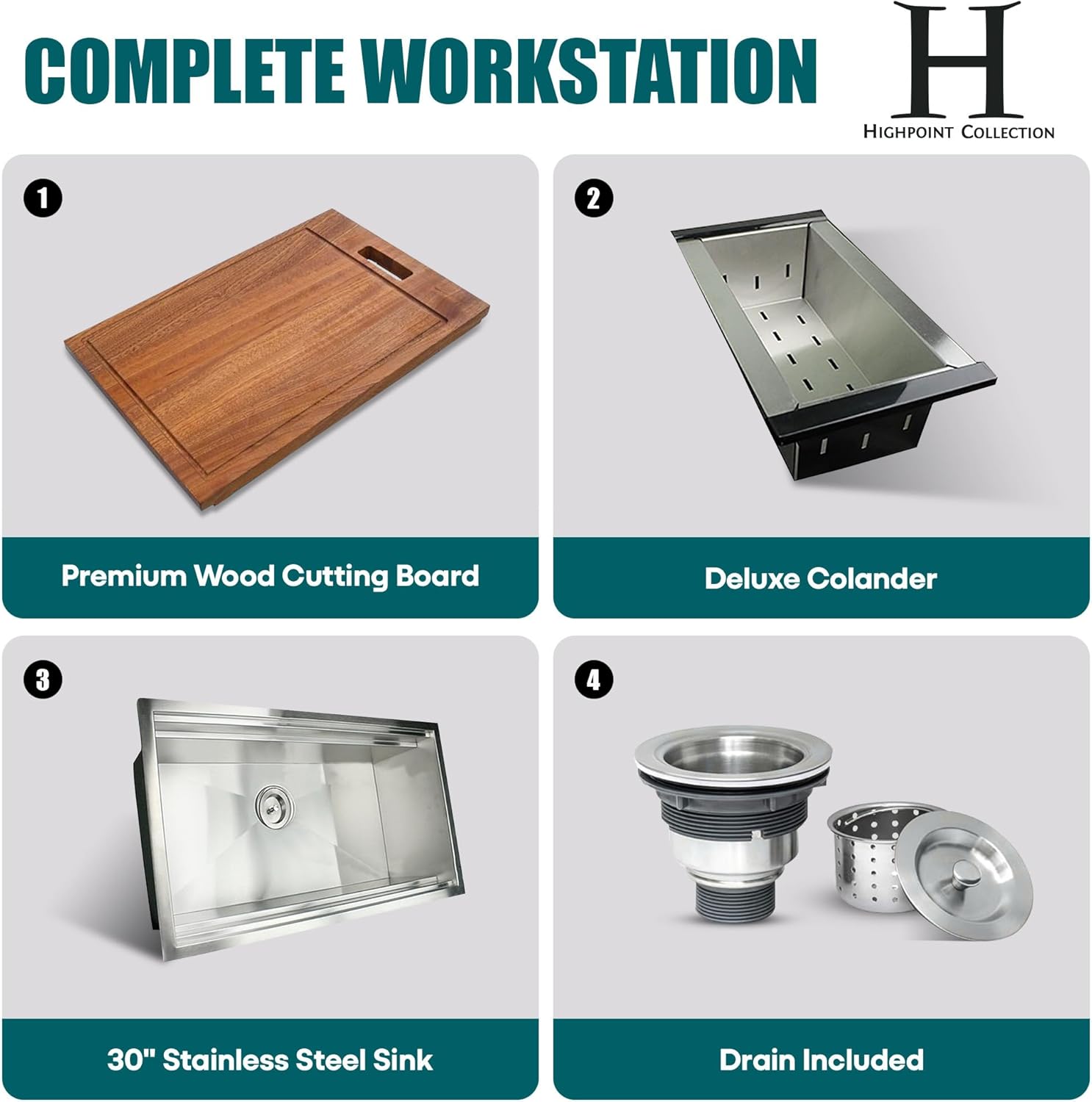 Kitchen Sink – 30" Stainless Steel Workstation with Bottom Grid, Colander, Cutting Board & Drain, Undermount Rectangular Single Bowl – 16 Gauge, Low Condensation HP-ZR3018L-PCK