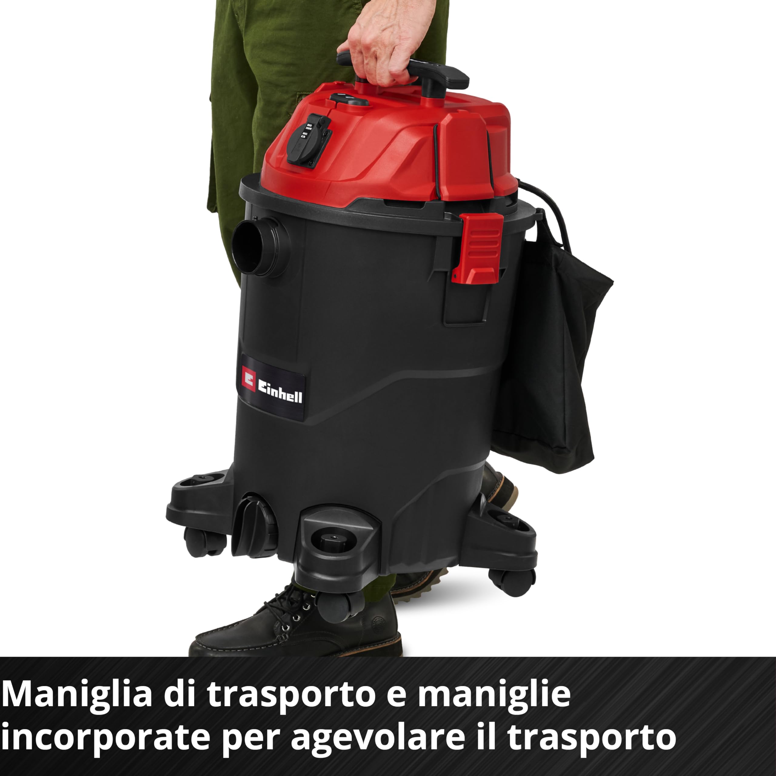 Aspiratore a secco e umido Einhell TC-VC 3055 A (850 Watt, aspirazione 190 mbar, presa automatica, serbatoio di raccolta da 30 litri, maniglia di trasporto, bocchette, filtri e sacco raccogli-sporco) | 850 W, 190 mbar, presa automatica, contenitore di rac