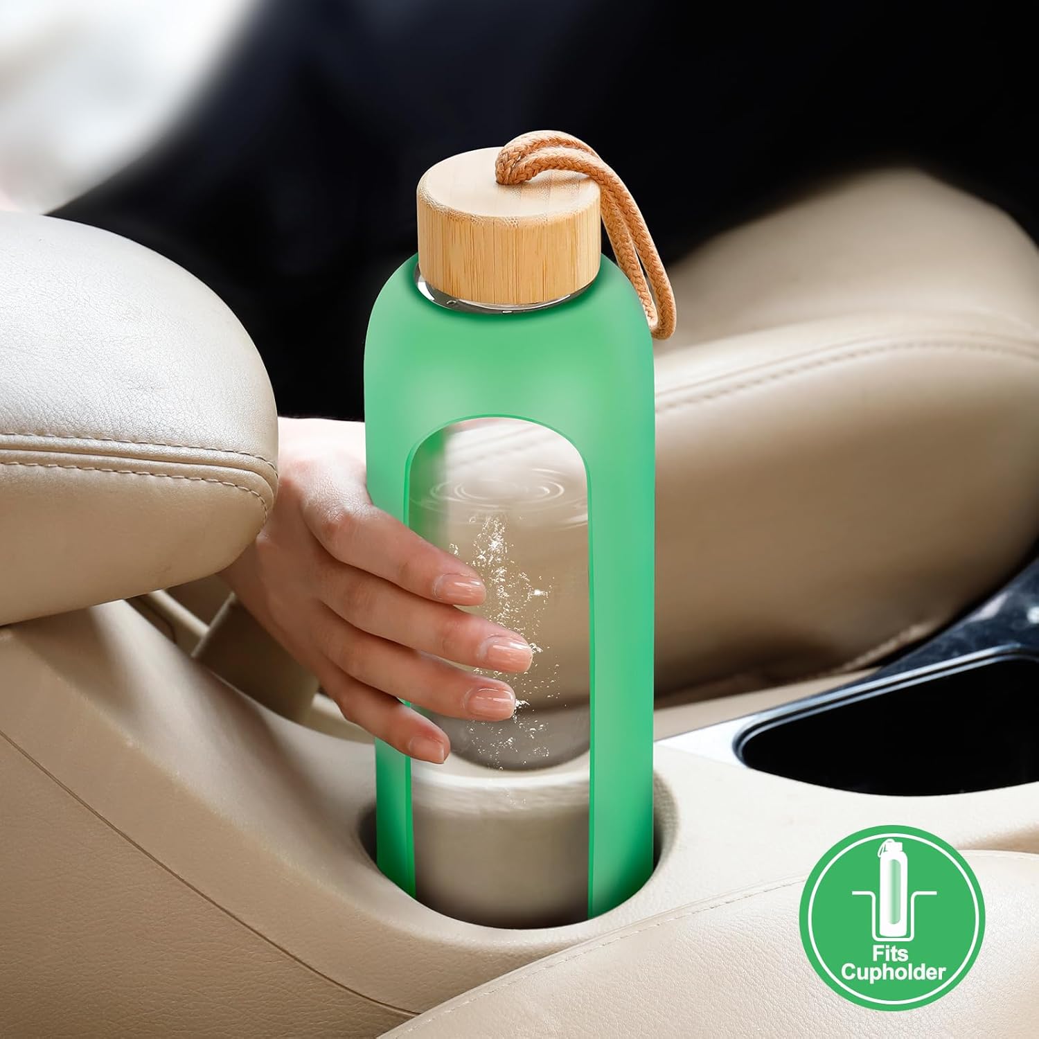 Glass Water Bottles 32 oz - Motivational Drinking Glass Water Bottle with Silicone Sleeve, Straw & 2 Bamboo Lids - 1 Liter Clear Borosilicate Daily Intake Tumbler with Time Marker - Green