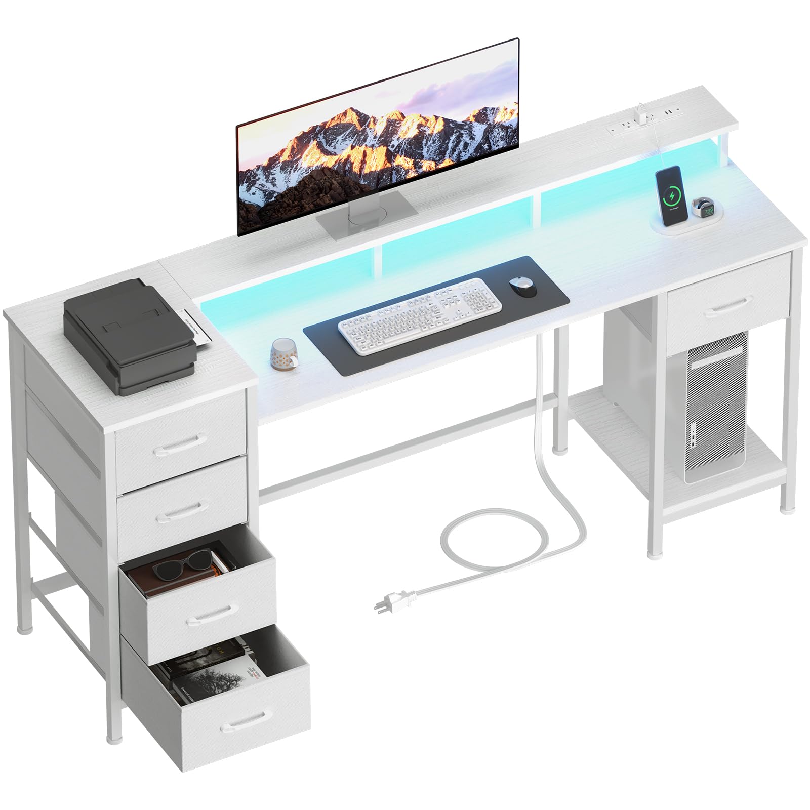 55 Inch Computer Gaming Desk with Power Outlets LED Lights, Reversible Home Office with Adjustable Fabric Storage Drawers for Working Writing Study, White