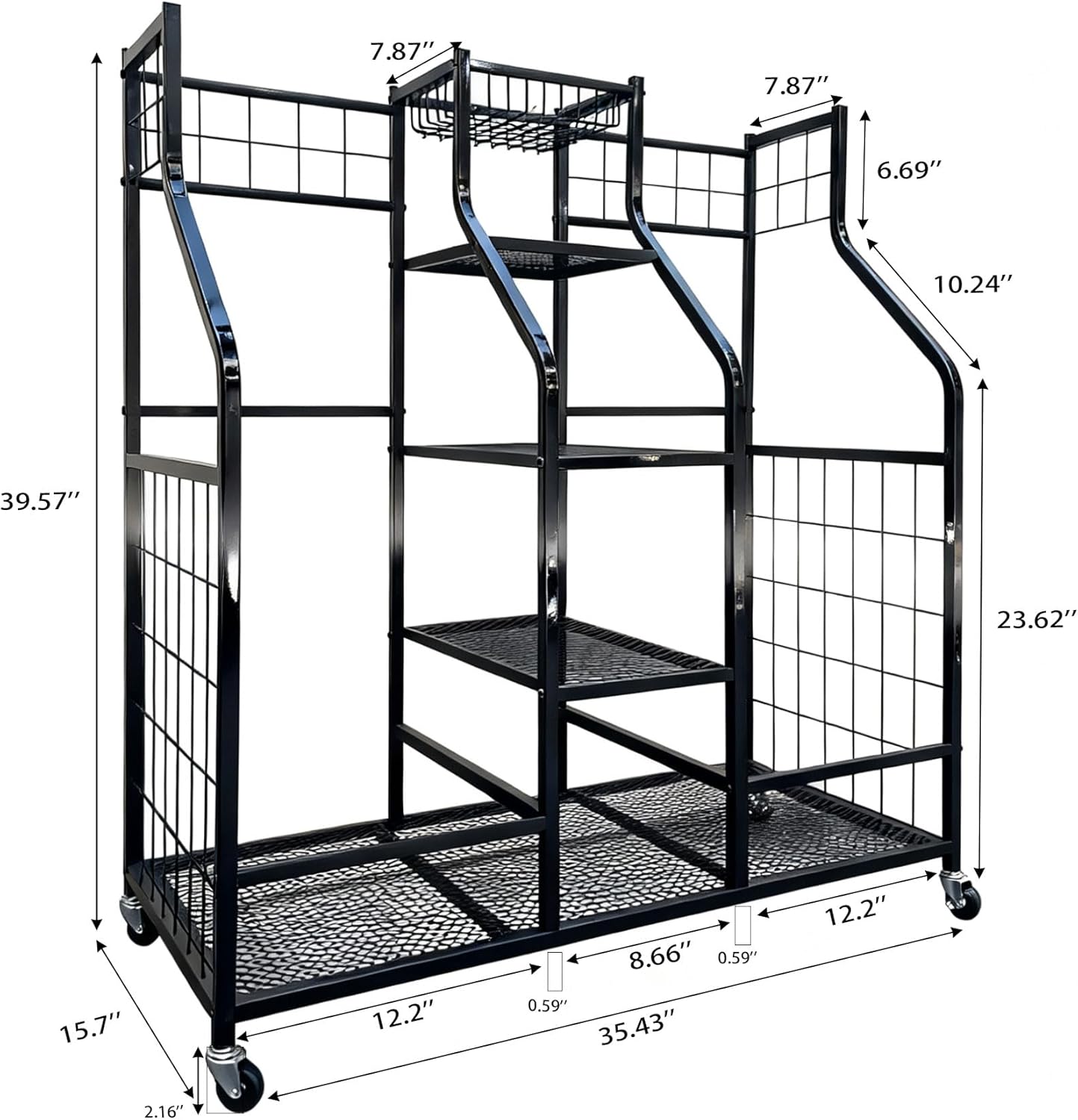 Golf Bag Storage Organizer Stand with Wheels - Heavy Duty Steel Rack Holds 2 Golf Bags with Central Storage Shelf for Golf Balls, Shoes & Accessories, Space Saving Garage Golf Club Equipment Holder